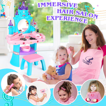 Eulrgaus Toddler Vanity, Kids Vanity Table And Chair Set With Mirror, Light And Music, Little Girl Vanity With Hair Salon Toys F