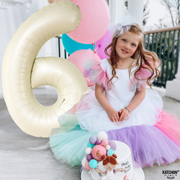 Katchon, Giant Cream Number 6 Balloon - 40 Inch | 6Th Birthday Balloon For 6Th Birthday Decorations | 6 Balloons For Birthday | Six Balloon Number | 6 Year Old Balloon For 6 Year Decorations