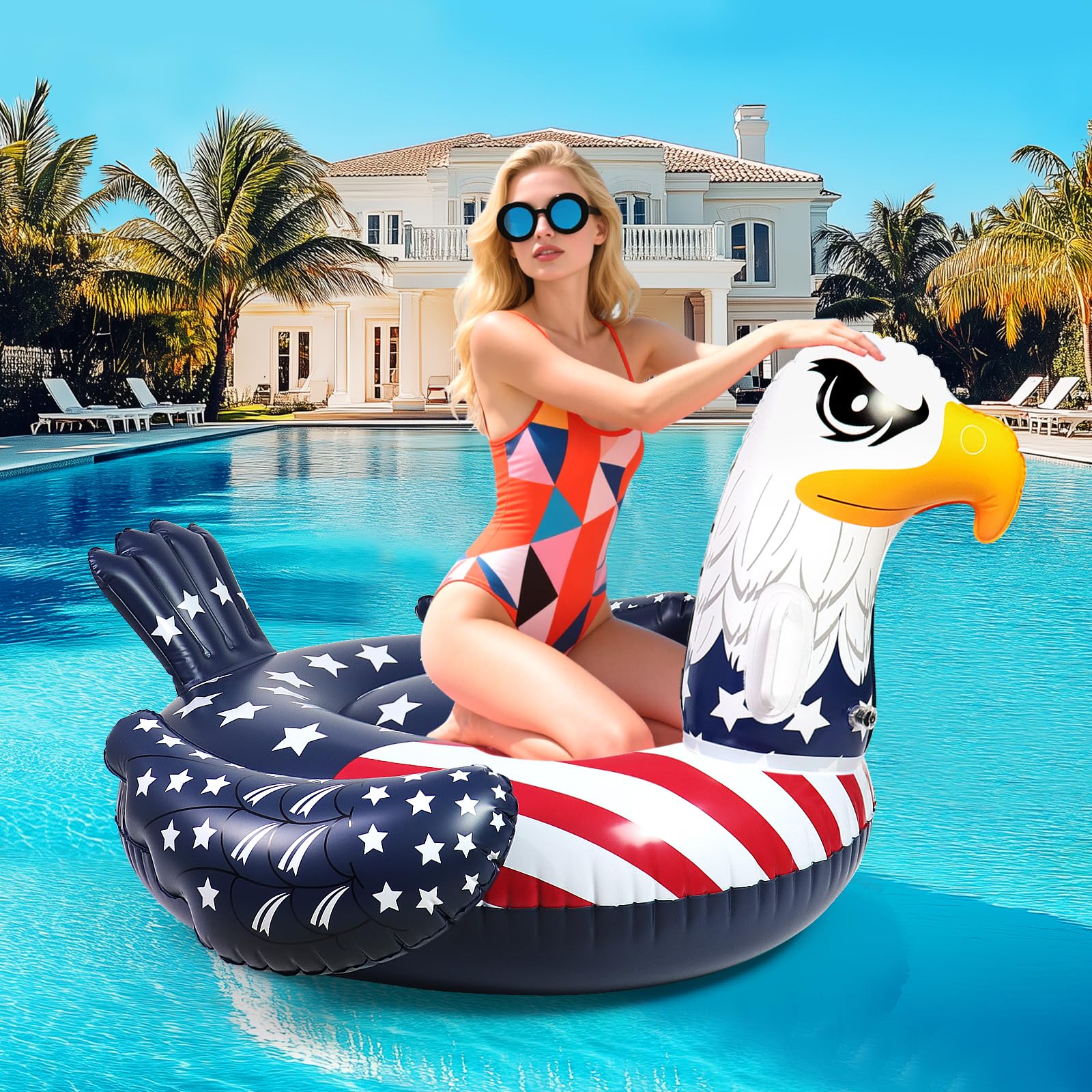 Patriotic American Flag Eagle Pool Float - 4th of July Pool Floats Funny Bird Animal Bald Eagle Beach Water Lake Boat Recliner mature-themed Kids Toy Fourth of July Swimming Party Ride Large Inflatable Raft