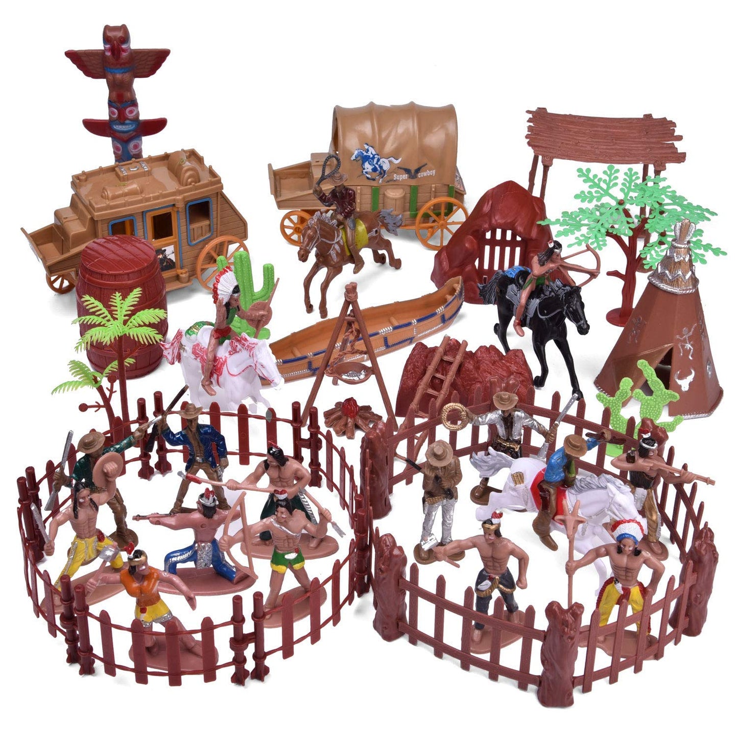 Fun Little Toys 61 Pcs Wild West Cowboys And Indians Plastic Figures Toys, Toy Soldiers For Kids, Wild West Figure Playset With Horse, Tent, Army Men Boy'S War Game, Educational Toys, Birthday Gift
