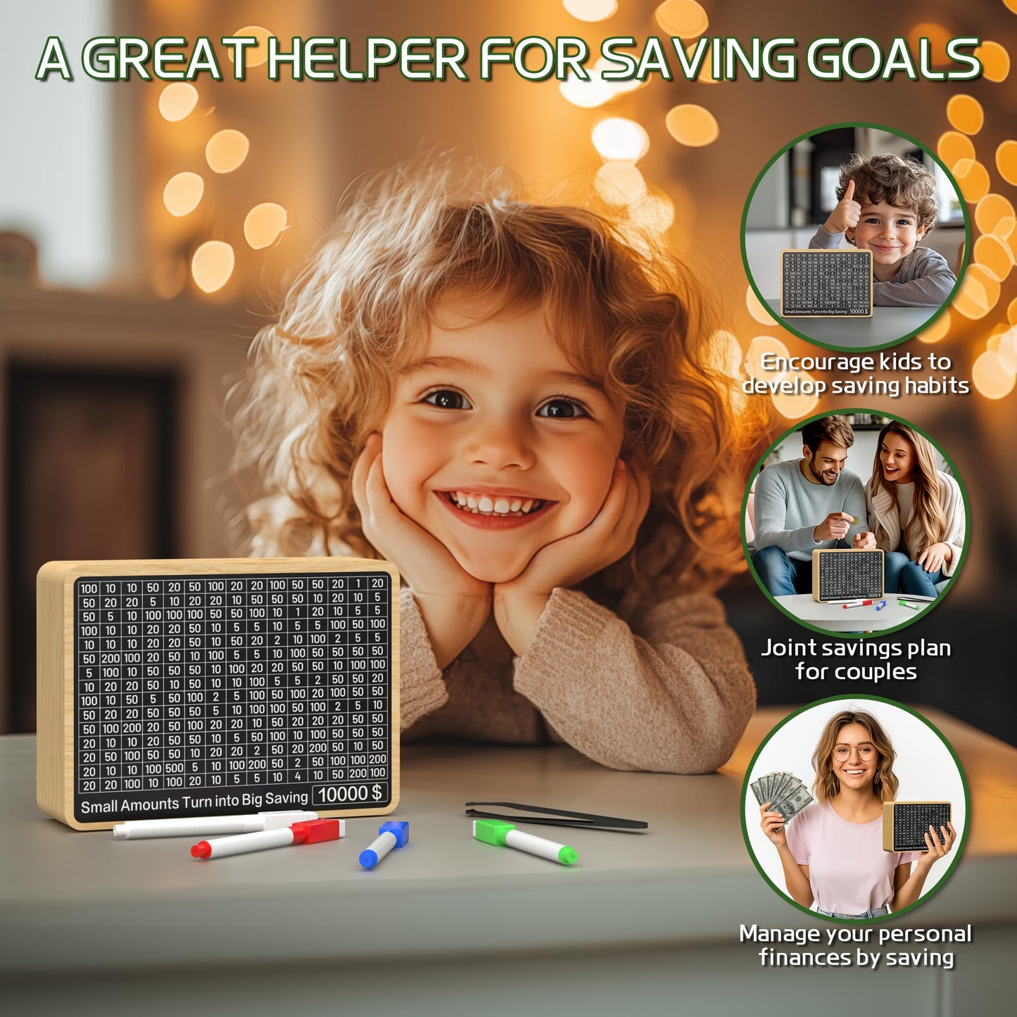 10000 Savings Box Challenge Money With 8 Targets ($500-$10K) Cash Vault Wooden Money Saving Box 10000 Piggy Bank For Kids Adults