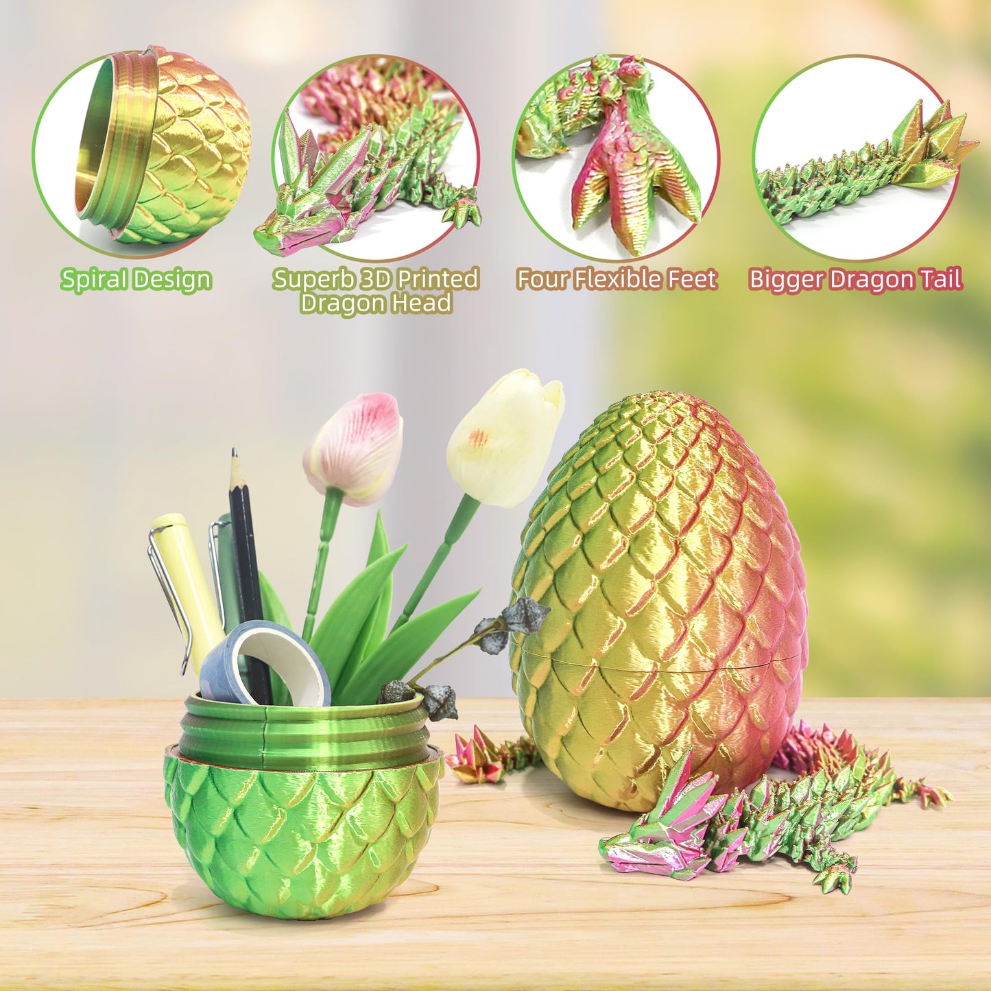 Flavery 3D Printed Dragon In Egg - Gold Green Pink - 5.1 Inch Tricolor Egg With Flexible Crystal Dragon Inside, Colorful Fidget