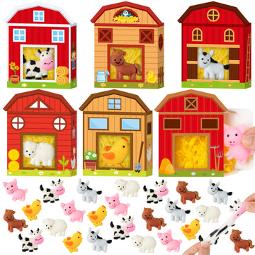 CY2SIDE 24 Pack Farm Animal Squishy Toys with Farm Barn Gift Box and Raffia Filler for Kid  Cute Pig Cow Chicken Novelty Miniature Squishy Toys for Birthday Gift Christmas Goodie Bag Stuffed for Girls
