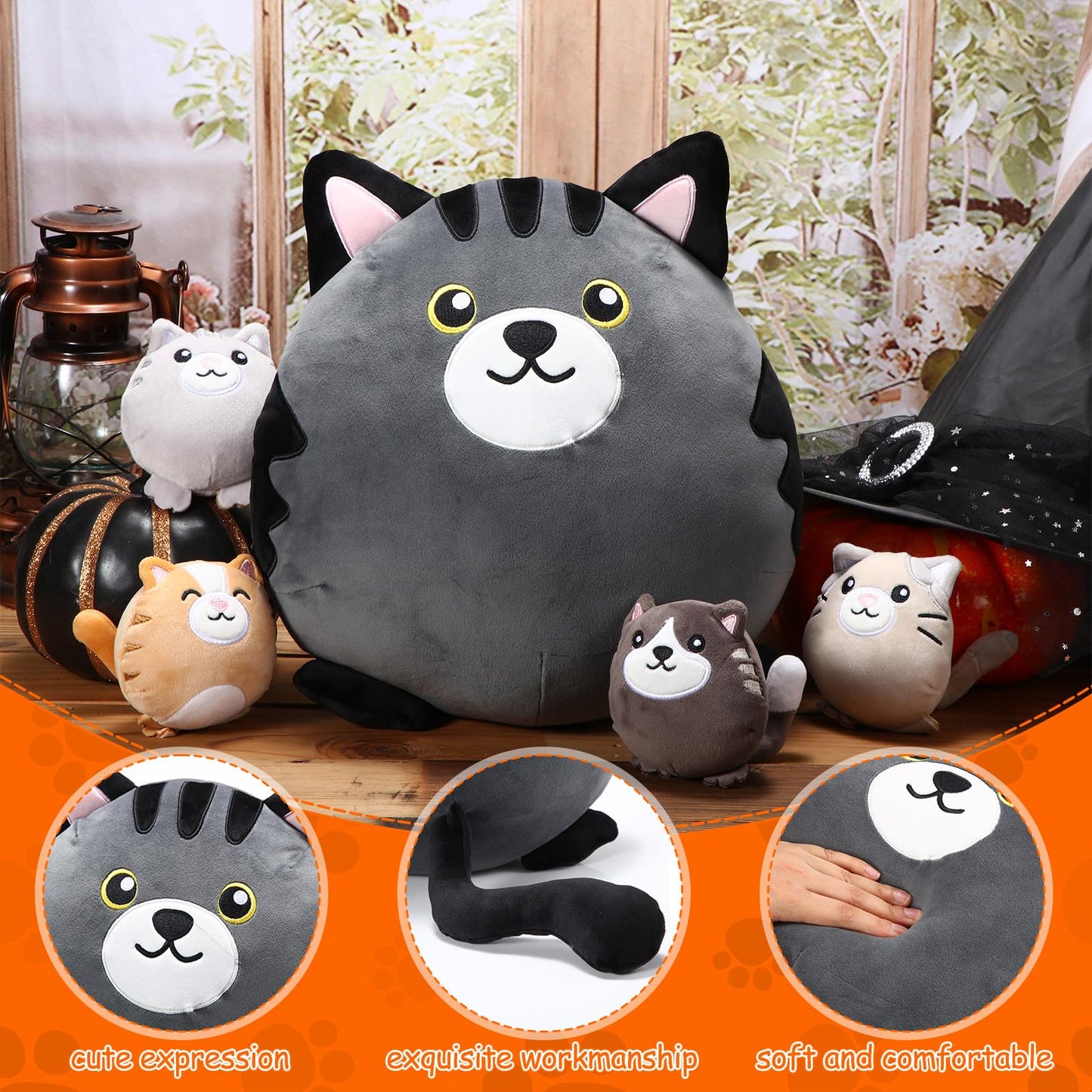 Namalu 5 Pcs Cat With Kitten Stuffed Animals Bulk, 12 Inch Large Black And Grey Cat Pillow Plush With 4 Kittens Inside Cute Plus
