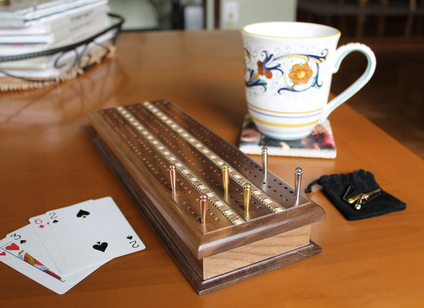 We Games Easy-Grip Metal Cribbage Board Pegs And Velvet Pouch - Set Of 12 Pins (3 Brass, 3 Chrome, 3 Black, 3 Copper)