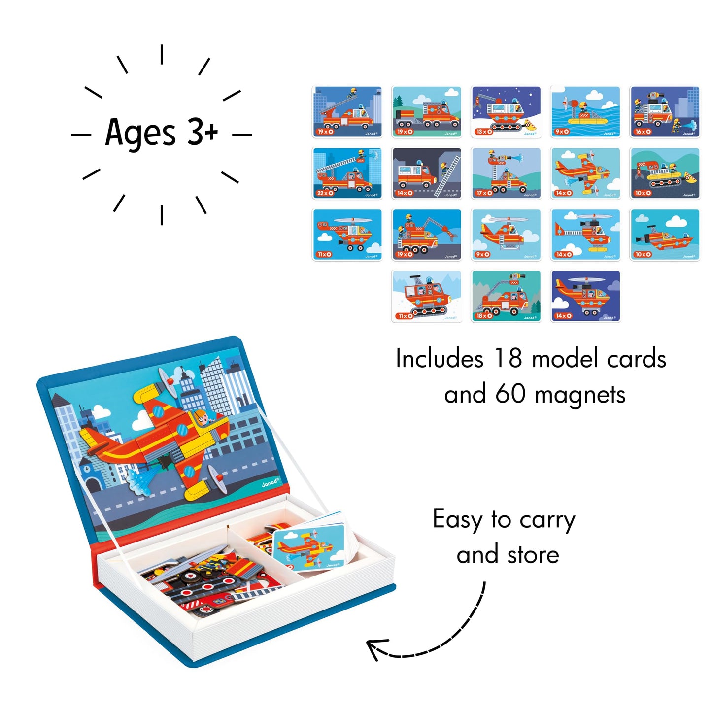 Janod - Magn  ti'Book Firefighters - Magnetic Educational Game 60 Magnets + 18 Models - Children's Toy Made of Cardboard - Devel
