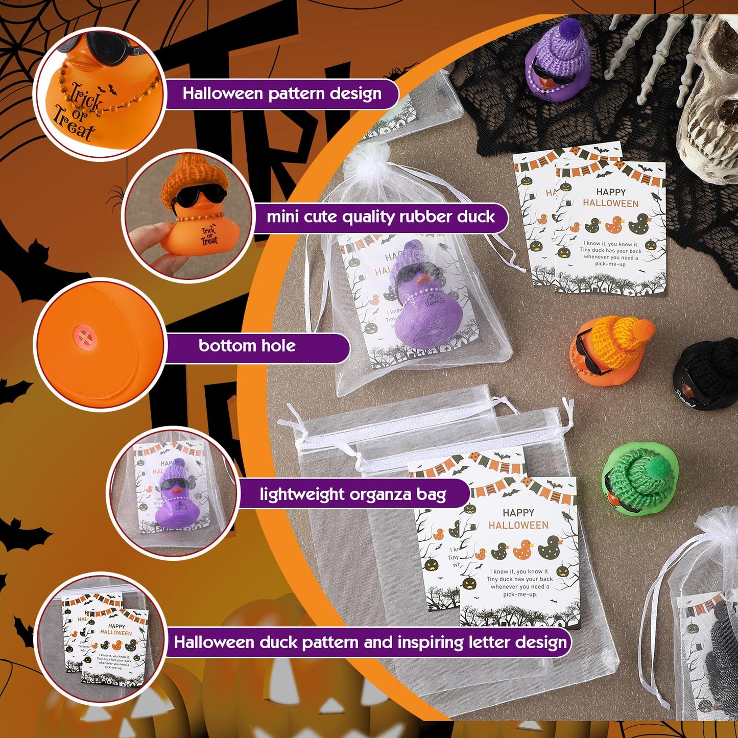 50 Pcs Halloween Rubber Duck for Bath Pool 2 Inch Boo Spooky Orange Purple Trick or Treat Sunglass Bath Duck 50 Card 50 Organza