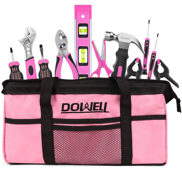 DOWELL Kids Real Tools Pink Tool Set, 14 Pieces, with Tool Bag for Girls