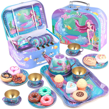 Golray 27Pcs Kids Tea Party Set for Little Girls Mermaid Gift Pretend Toy Tin Tea Set & Carrying Case & Food Sweet Treats Playse