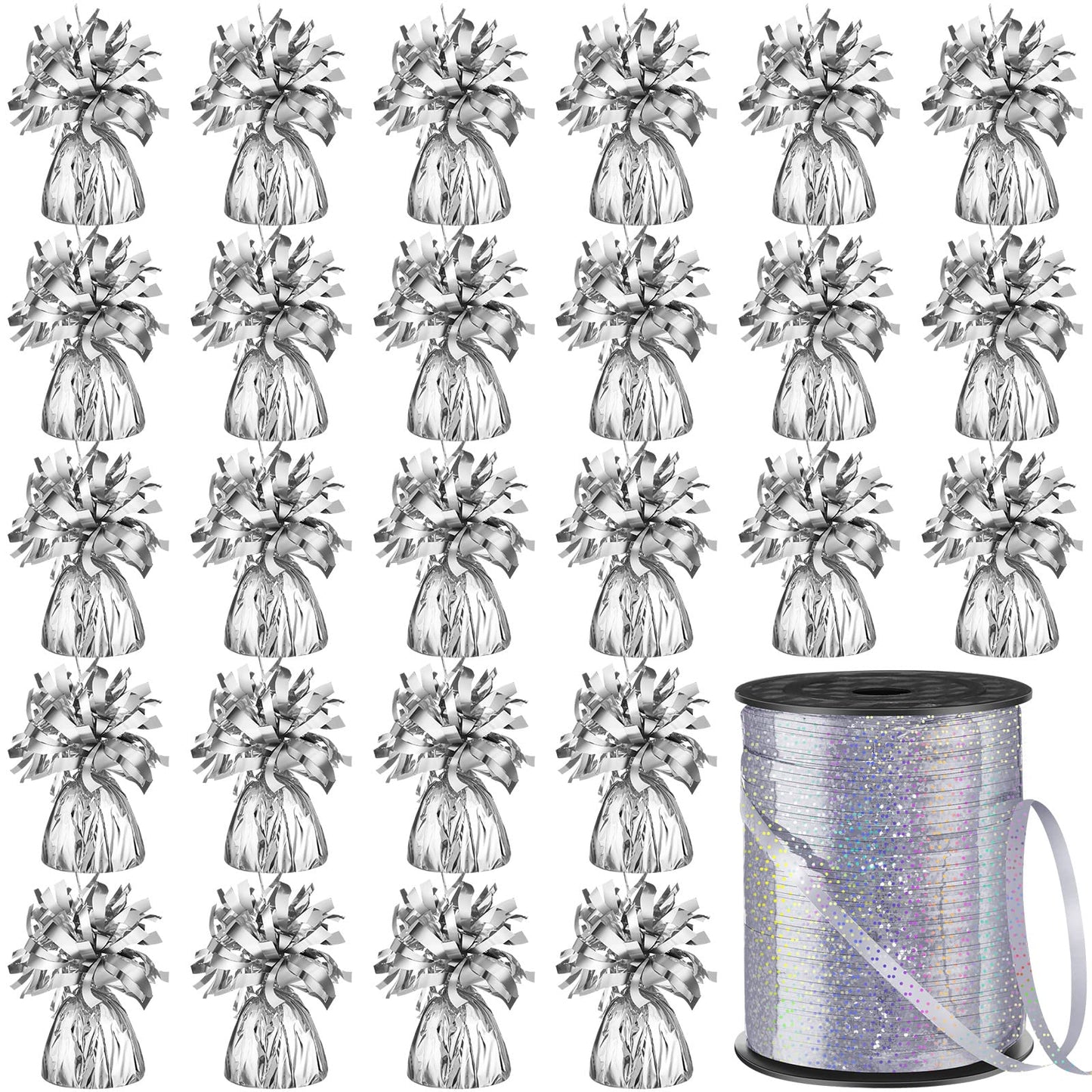 24 Pcs Balloon Weights Metallic Anchor Balloon Holder for Helium Balloons Heavy Table Weights and 1 Roll Iridescent Crimped Ribb