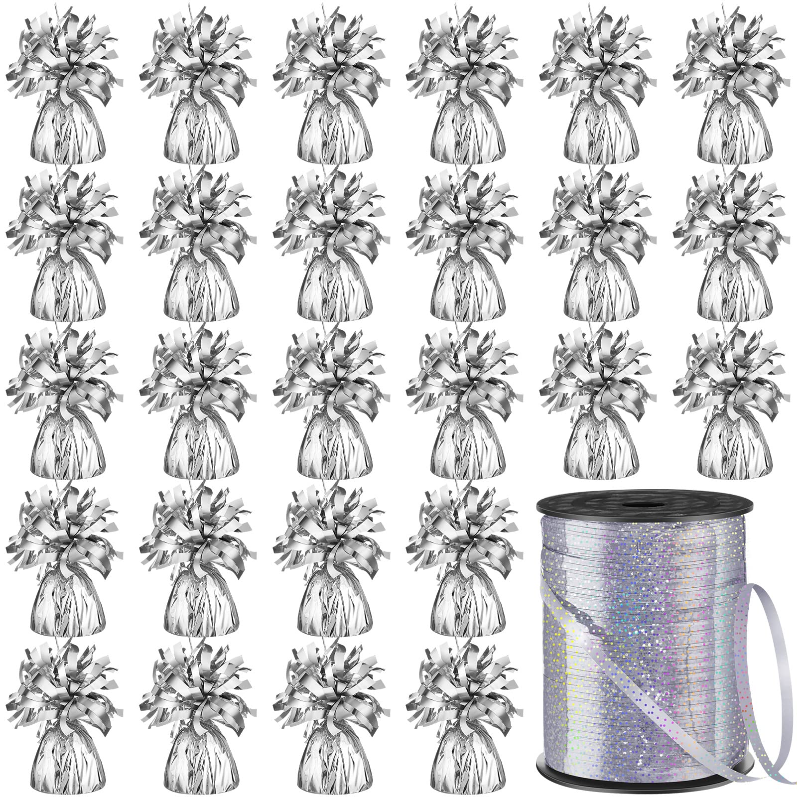 24 Pcs Balloon Weights Metallic Anchor Balloon Holder for Helium Balloons Heavy Table Weights and 1 Roll Iridescent Crimped Ribb