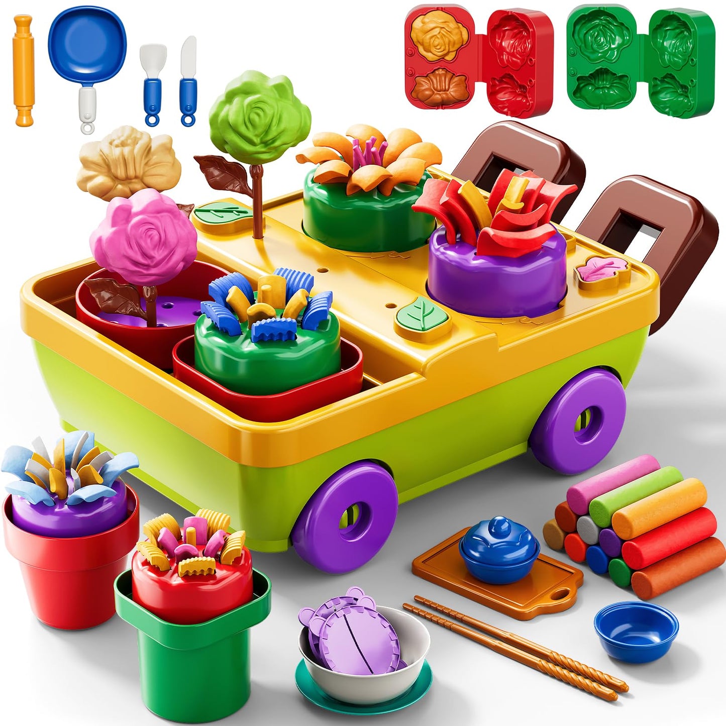 JUKUDAHU 50PCS Play Clay Set Blooming Flower Garden Toy Playset for Kids 3-5, DIY Nature Kits, Pretend Kitchen Toys Accessories 