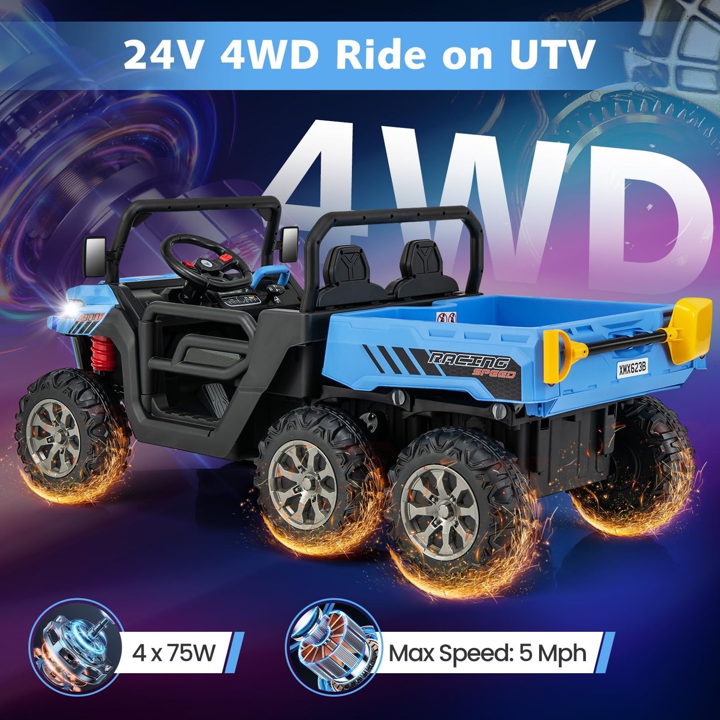 OLAKIDS 24V 2 Seater Ride on Dump Truck, 4WD 6x6 Battery Powered Kids UTV with Remote Control, 4 x 90w Engine, Electric Dump Bed