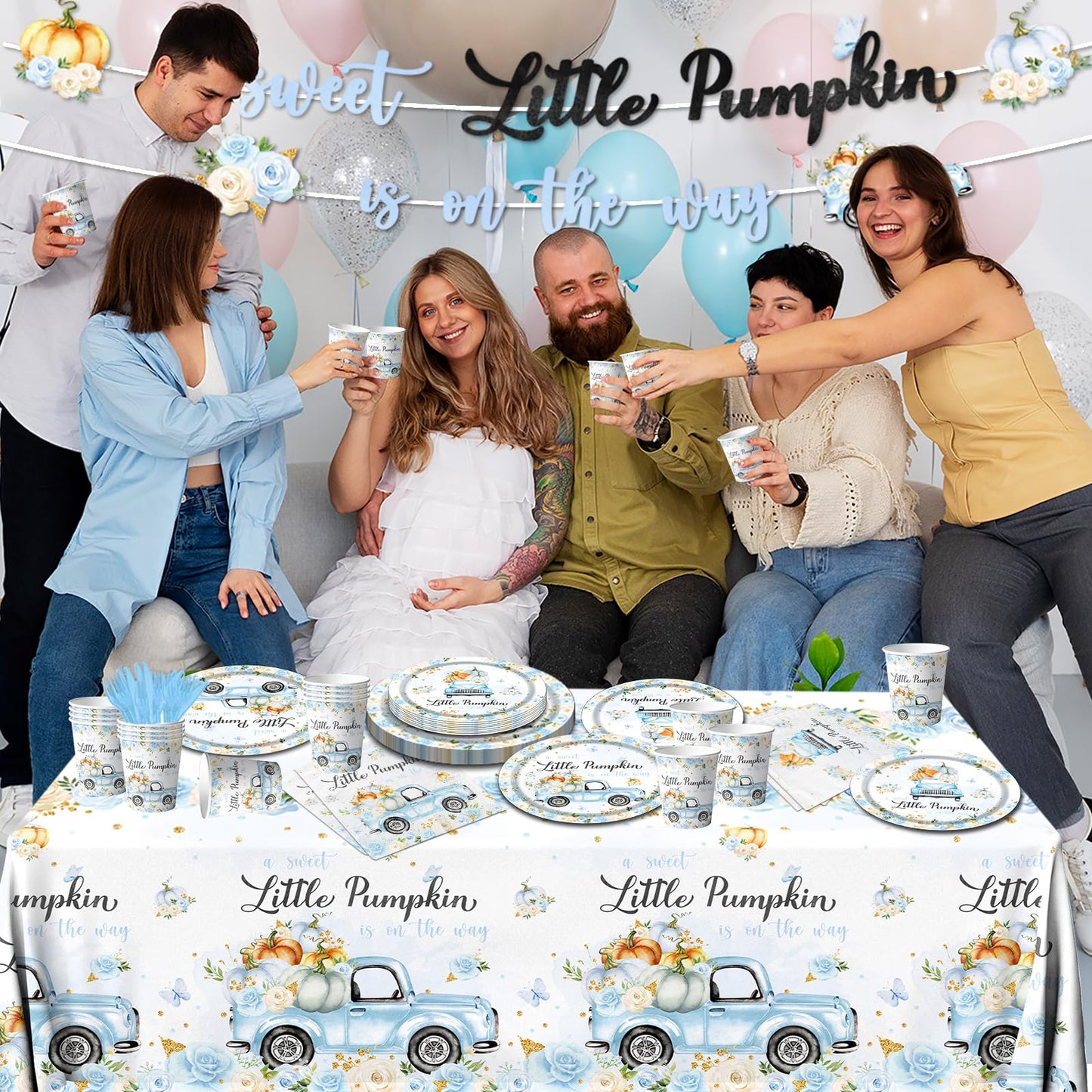 Little Pumpkin Baby Shower Decorations Tableware,142Pcs A Sweet Little Pumpkin Is On The Way Boy Blue Floral Truck Disposable Ta