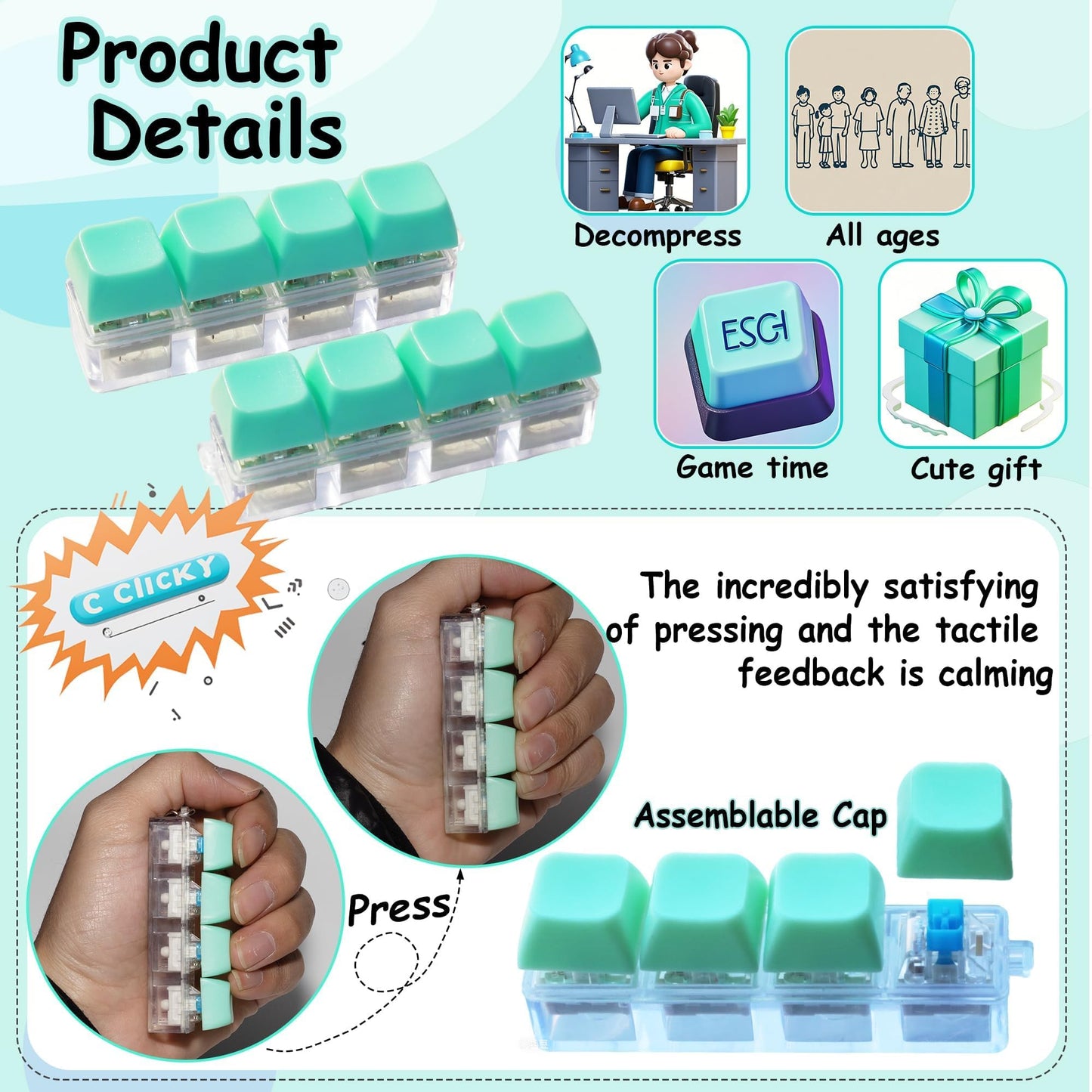 2 Pcs Keyboard Fidget Toy  Keyboard Fidget Keychain 4-in-1 Keyboard Decompression Button Finger Clicker Toys  Button Stress Relief Fidget Gifts for mature-themed to Relief Stress (Light Green)