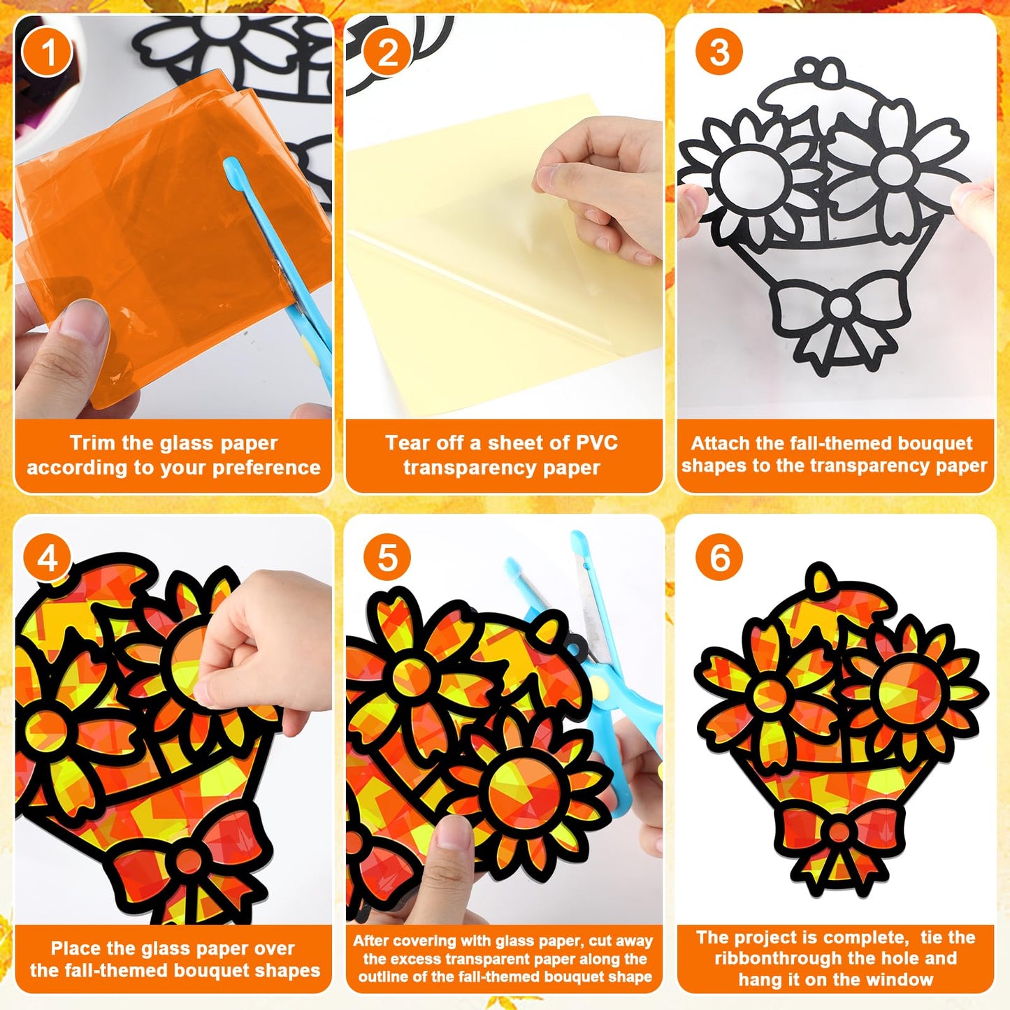 QOUBAI 32 Sets Fall Bouquet Suncatchers Craft Kit DIY Window Stained Glass Effect Autumn Bouquet Paper Crafts Home School Classr