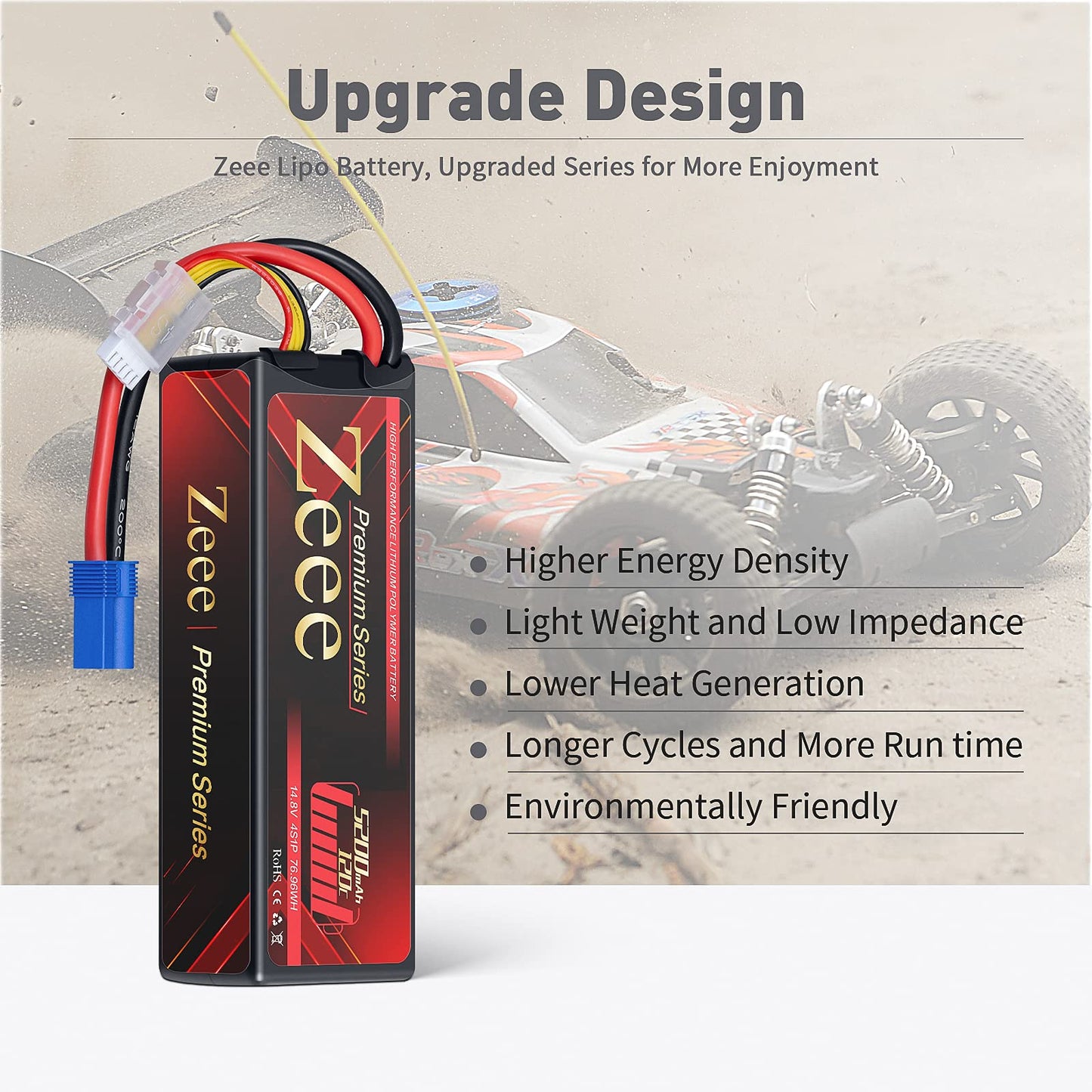 Zeee Premium Series 4S Lipo Battery 5200mAh LCG Hard Case Batttery Height 37mm 14.8V 120C with EC5 Connector for RC Car Truck Ta
