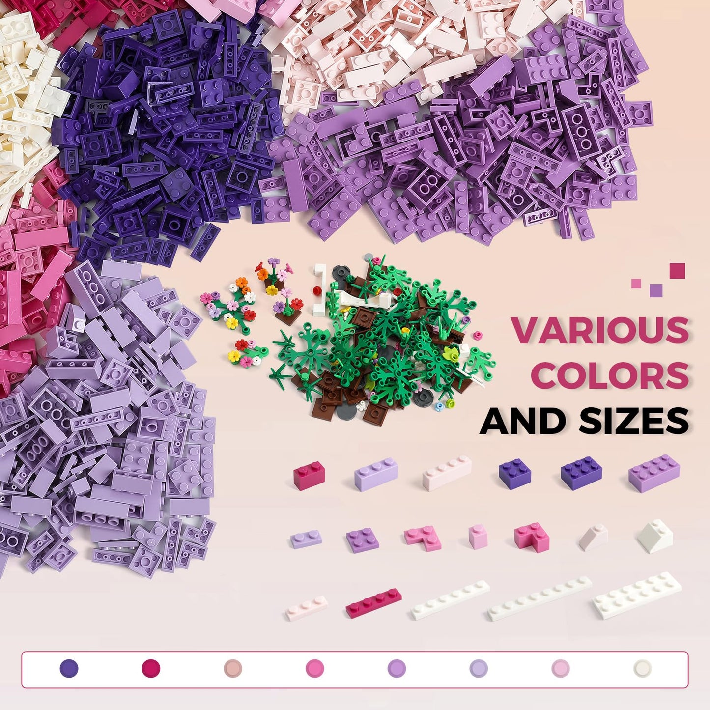 1800Pcs Building Bricks  Classic Bulk Small Blocks  Classic Building Bricks Set Basic Building Blocks(Pink Purple White)
