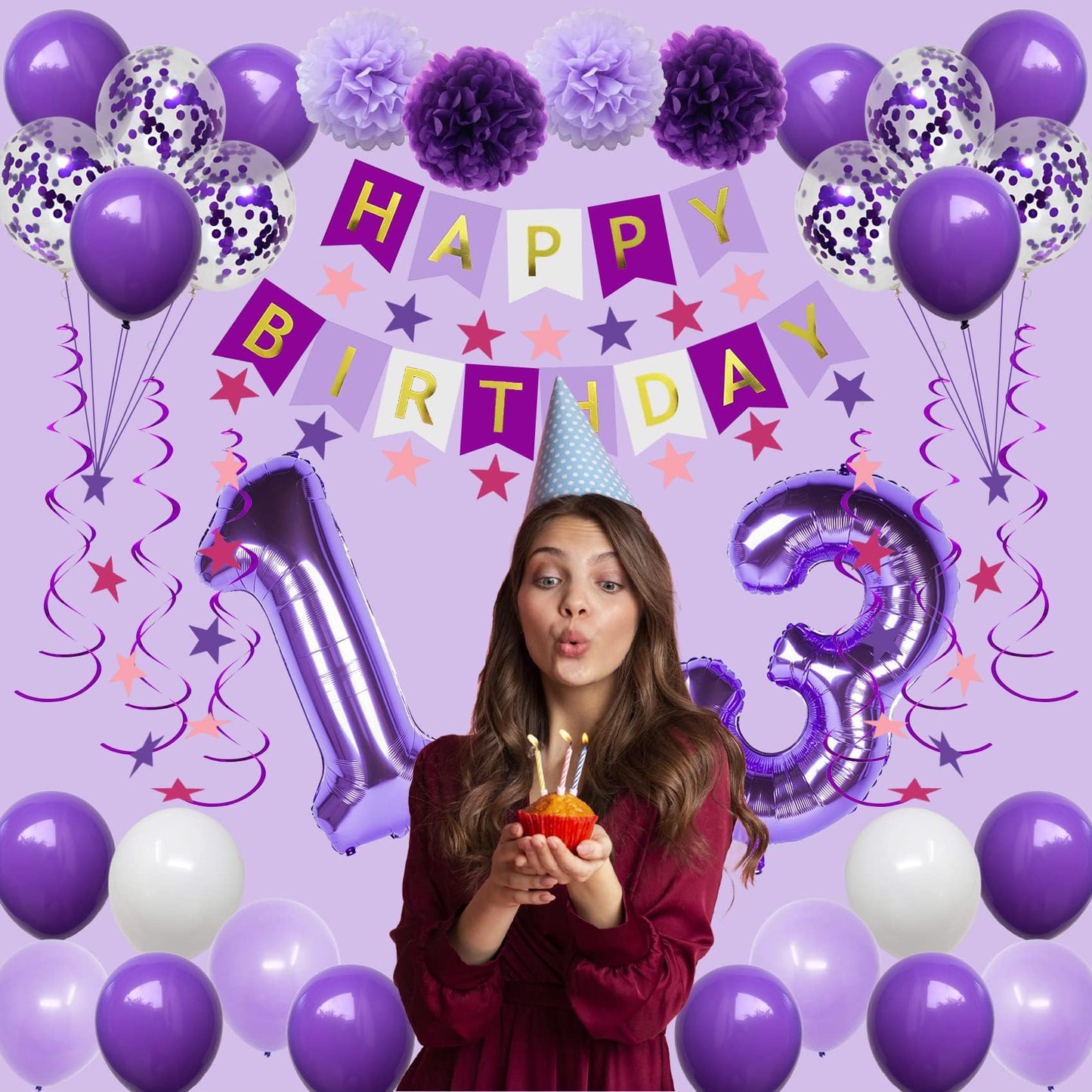 Naninuneno 13Th Birthday Decorations For Girls, Purple 13 Happy Birthday Balloons Supplies Including Purple Happy Birthday Banne