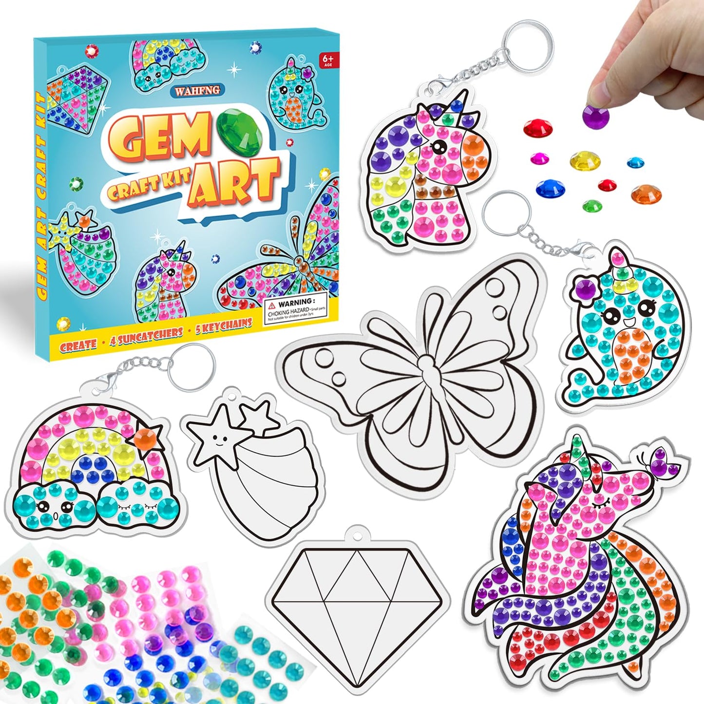 Wahfng Gem Art, Diamond Art Kids Painting Kit -Make Your Own Keychains & Suncatchers - Arts And Crafts For Girls And Boys Ages 6-12 - Best Gift Ideas For Age 4, 5, 6, 7, 8, 9, 10-12, 6-8(Magical)
