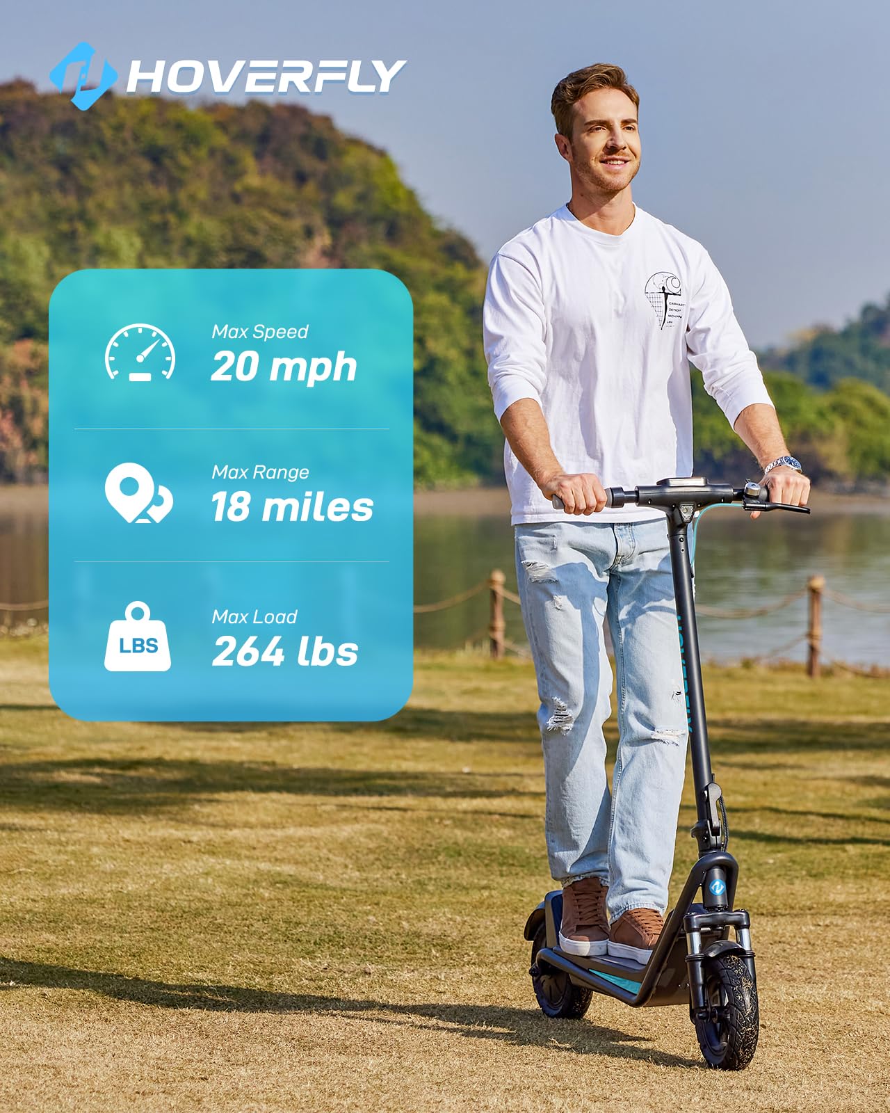 Hoverfly X5 Electric Scooter for mature-themeds  Anti-Flat 10 Solid Tire  Max 25 Mile Range and 20Mph Speed Power by 500W Motor 15% Uphill with Front Suspension Shock Absorber  Foldable Commuting Escooter