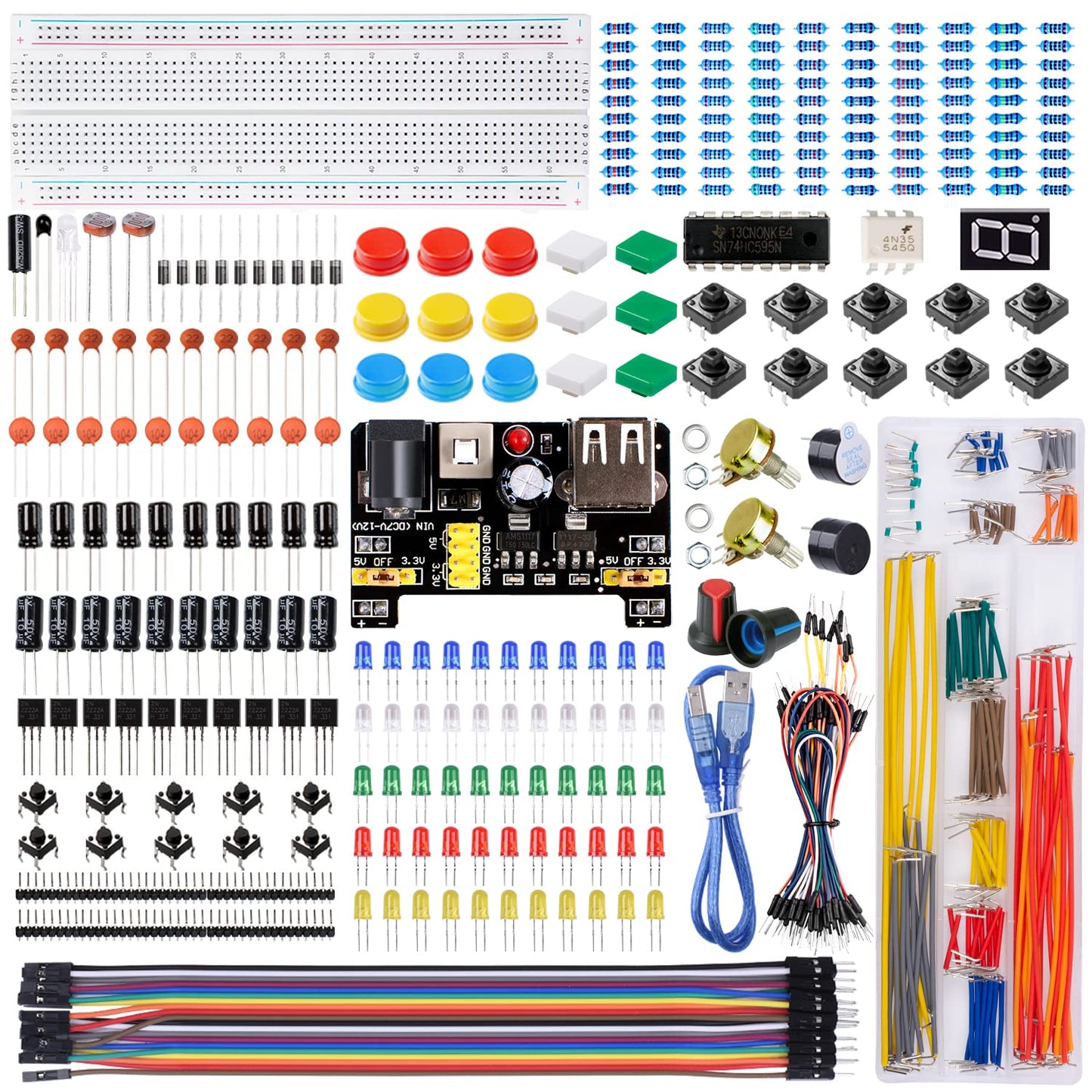 Smraza Electronics Component Fun Kit for Arduino & Raspberry Pi - Power Supply, Jumper Wires, 830 Tie-Points Breadboard, Precision Potentiometer