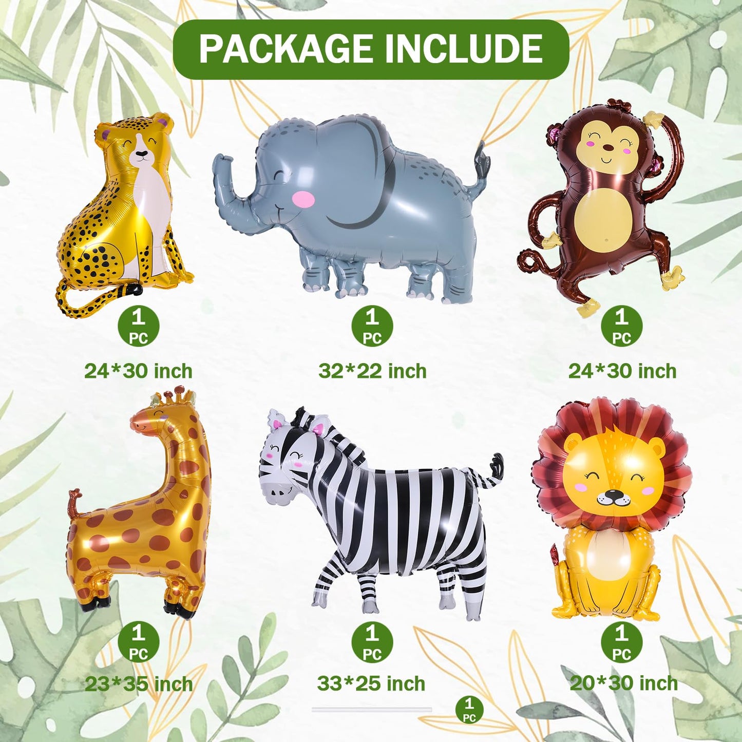 6 Pcs Giant Smile Jungle Safari Animals Balloons,Large Monkey Elephant Zebra Leopard Lion Giraffe Foil Balloons For Wild One Saf