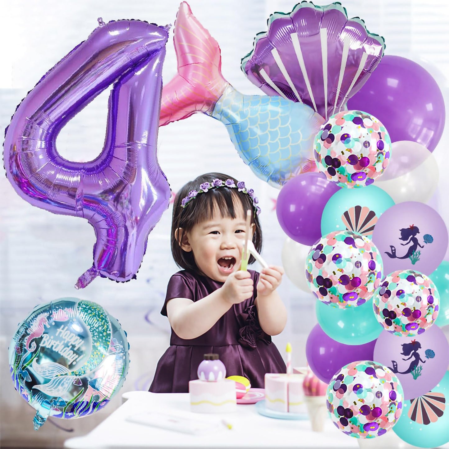 40 Inch Purple Number 4 Balloon,Giant Large Number 4 Balloon,4Th Birthday Mermaid Balloons,Children'S Birthday Party Baby Shower