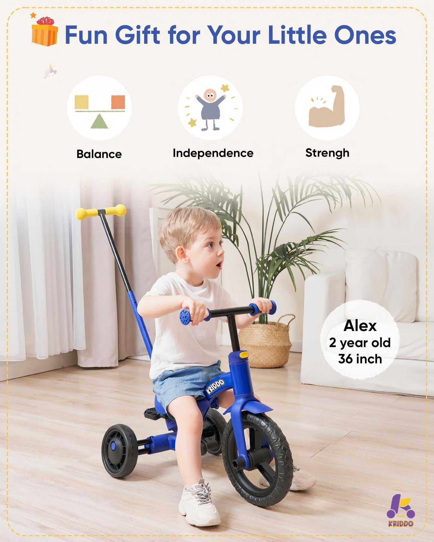 KRIDDO 4-in-1 Kids Tricycle, Adjustable Height, 12" Front Wheel, Carbon Steel, Blue, for 1.5 to 3 Years, Toddler Balance Bike