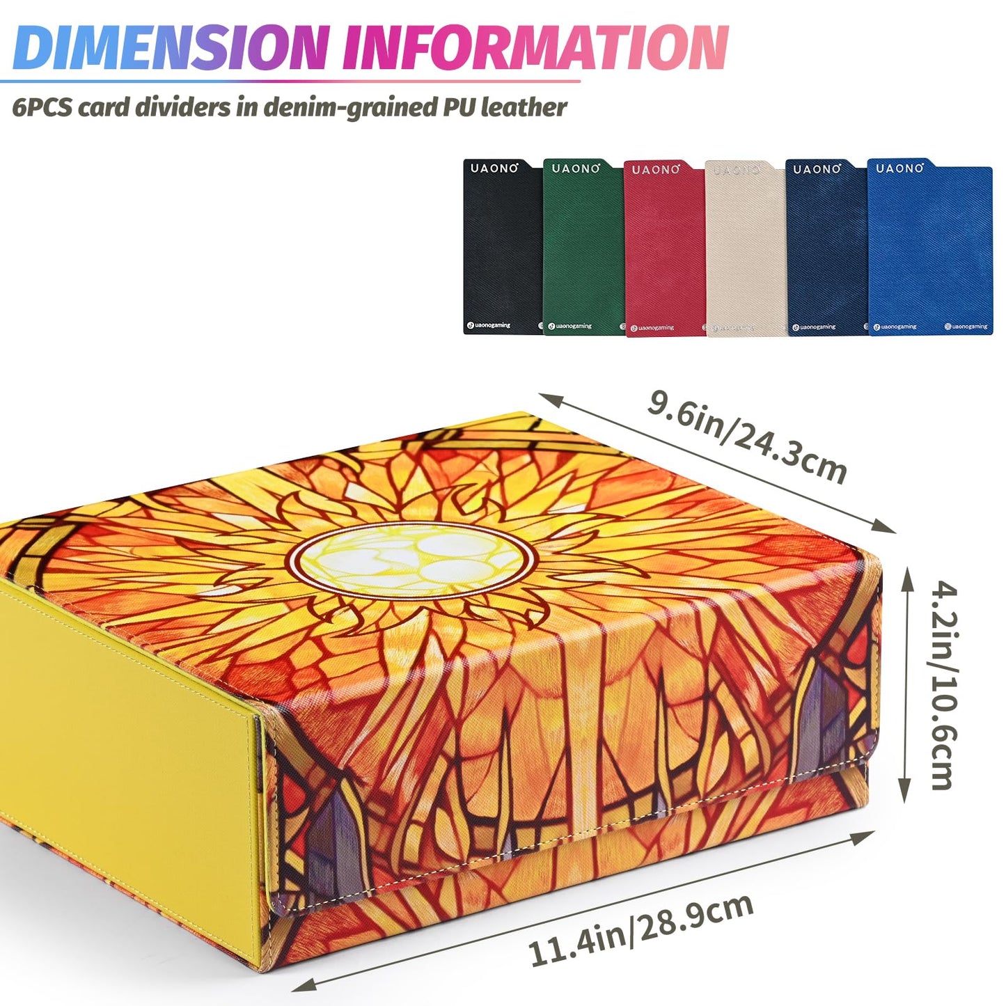 Uaono Card Storage Box For Mtg, Trading Card Deck Box Holds 1800+ With 6 Dividers, Leather Printing Magnetic Closure Card Storage Case Fits Tcg Ccg Sports Cards (Yellow, Sun)