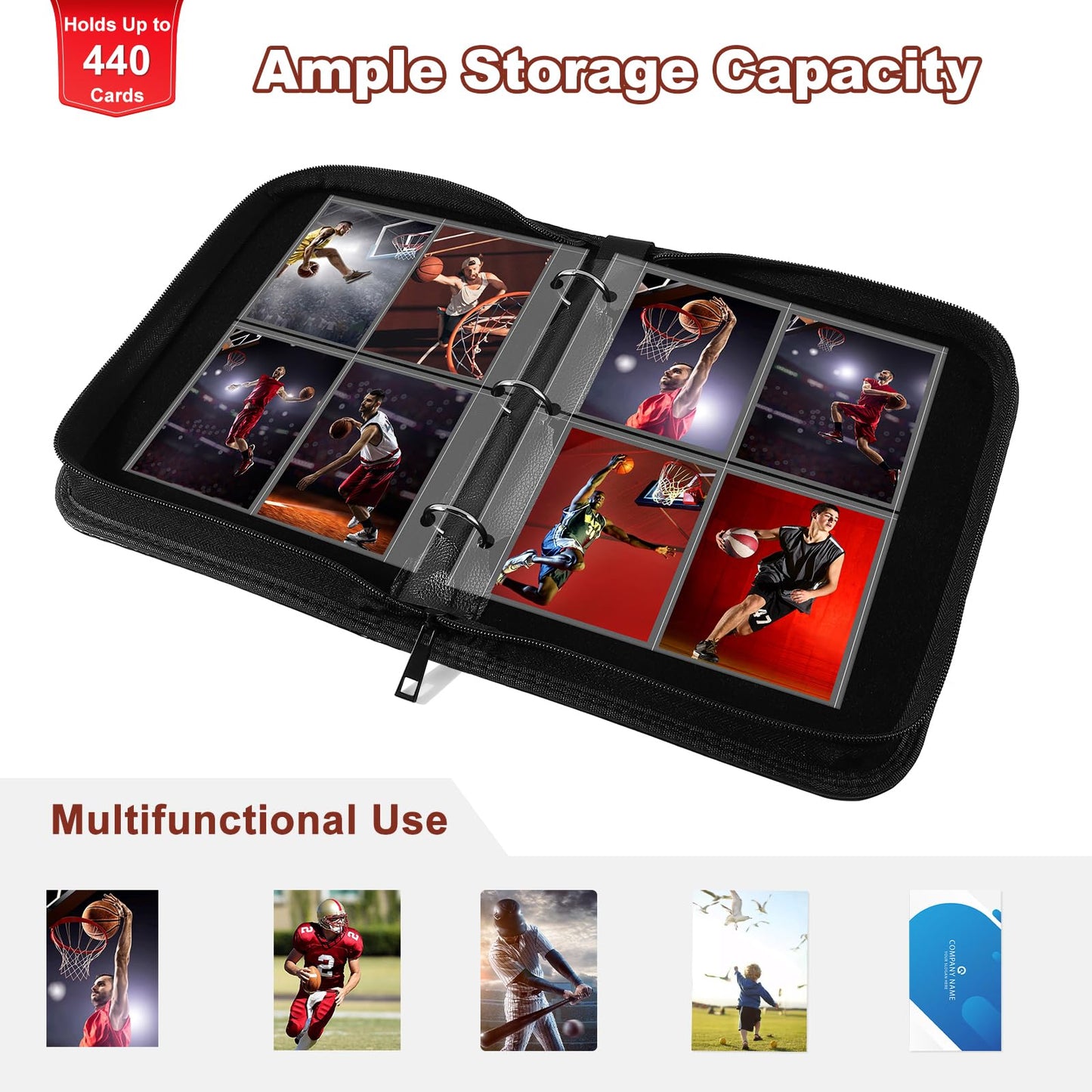 Basketball Card Binder 440 Pocket  Sports Card Binder with Card Display Design  enhanced Card Ablums with Sports Pattern Wristband Fit for Basketball Cards 2024-2025