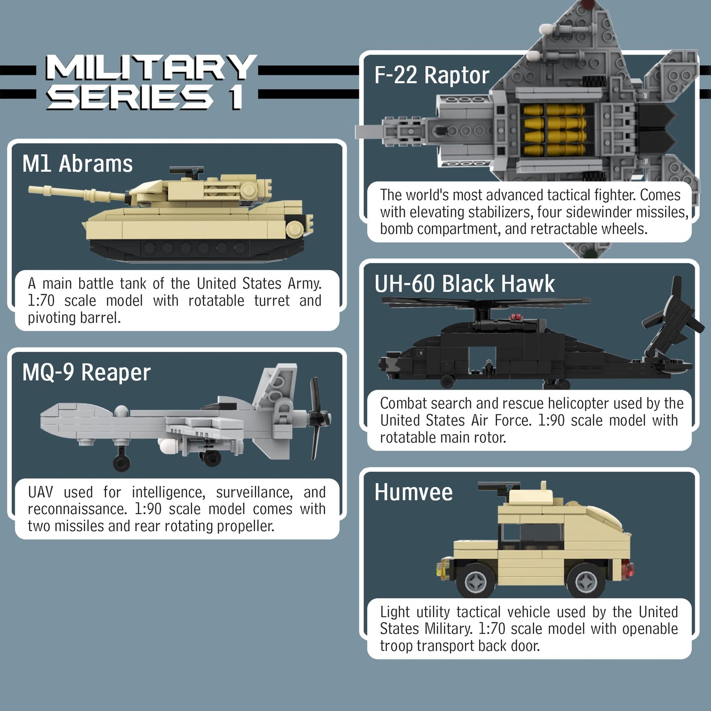 Apostrophe Games Military Building Block Set - 665 Pieces, Multi-color, Includes F-22 Raptor, M1 Abrams Tank, Black Hawk Helicopter, Humvee
