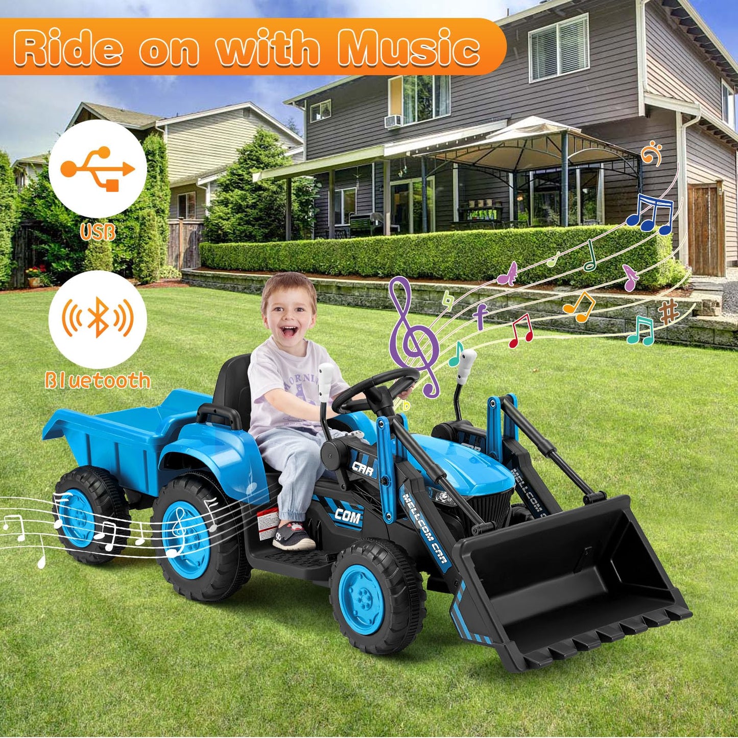 Mellcom Ride On Bulldozer With Detachable Trailer, 12V Kids Electric Vehicles Ride On Toy With Remote Control, Kids Car With Buc