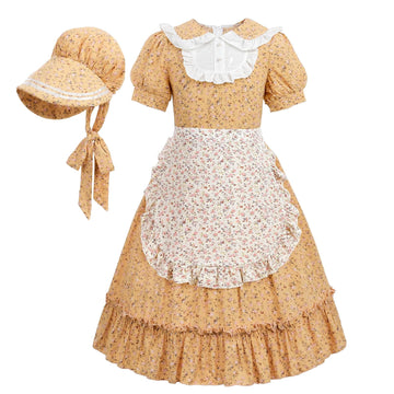 Nuoqi Prairie Dresses For Girls, Yellow Laura Ingalls Wilder Costume Pioneer Colonial Dress With Apron, 6-7