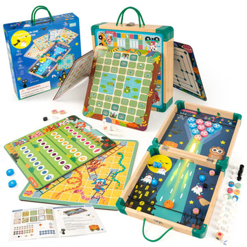 Arcturine 14-In-1 Wooden Board Games Set - Multi-Game Combo With Snakes And Ladders, Sling Puck, Bowling And More - Portable Tra