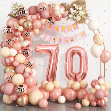 70Th Birthday Decorations For Women,Rose Gold 70Th Birthday Balloon Arch Garland Kit With Happy 70Th Birthday Number 70 Foil Bal