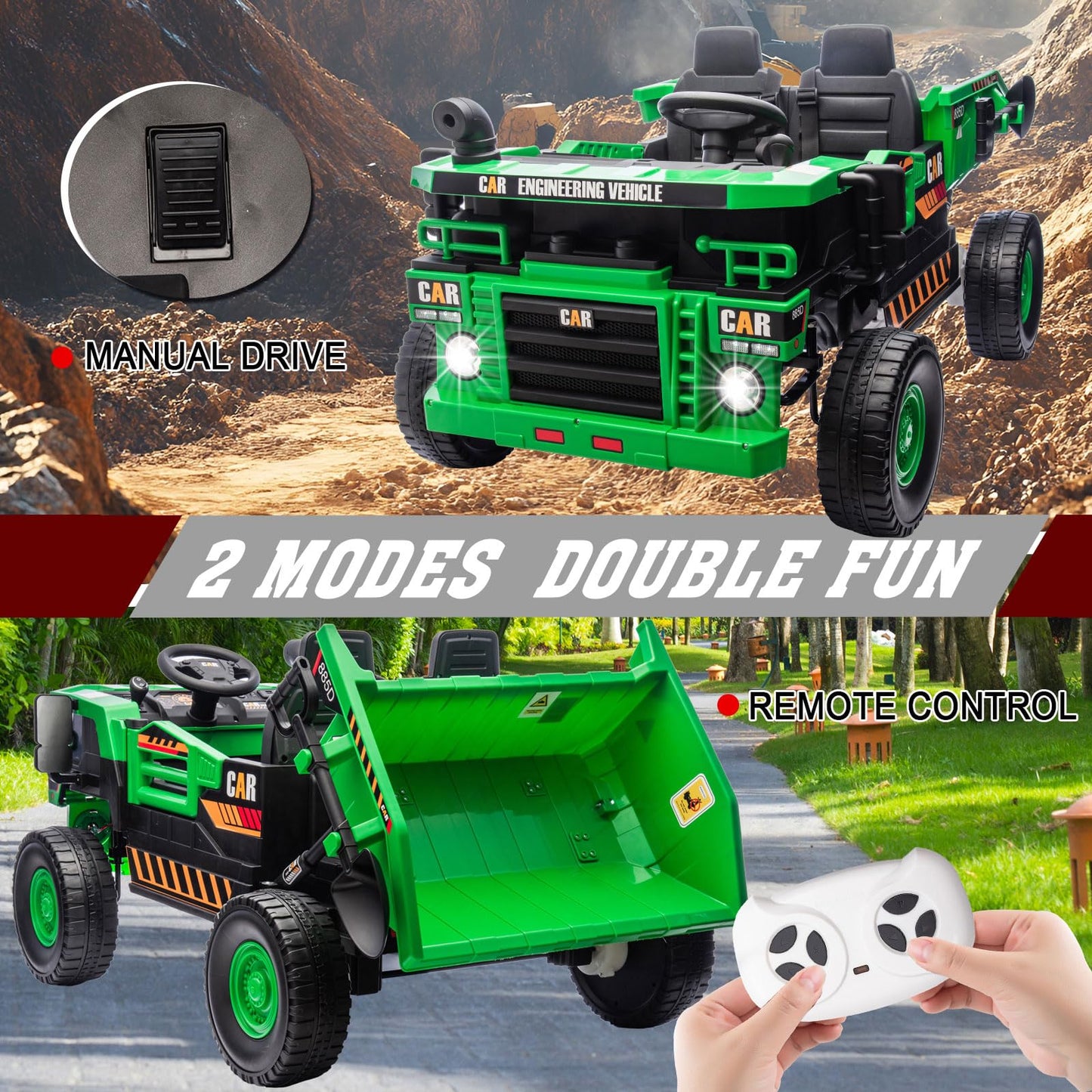 Nitoess 24V Ride On Dump Truck, 4Wd Kids Car With Remote Control, Electric Dump Bed And Shovel, Ride On Construction Vehicles 4X