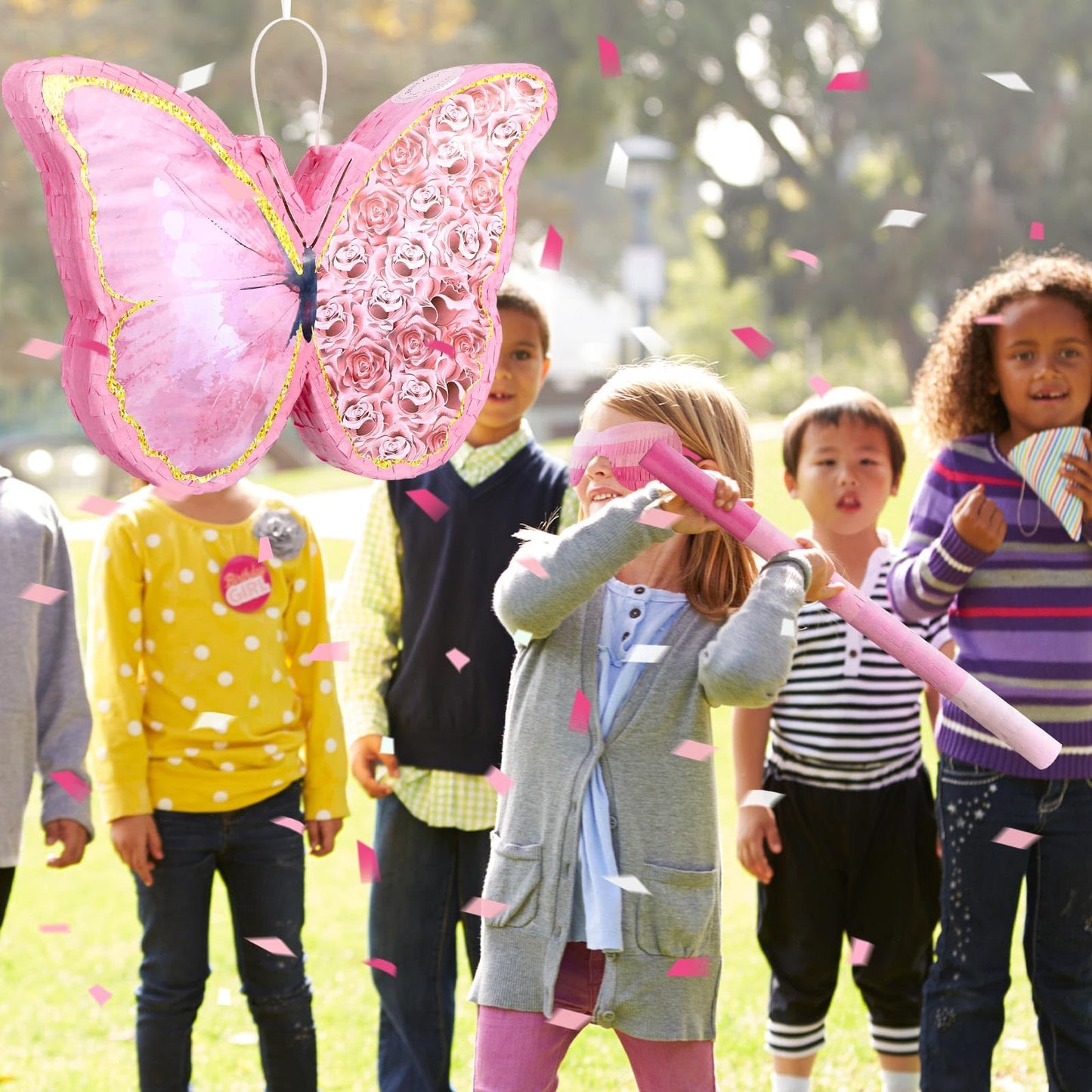 Zhanmai Butterfly Sunflower Piñata Set - 15.4x11.3x2 Inch Pink Bat Stick & Blindfold for Girls Birthday Party Supplies