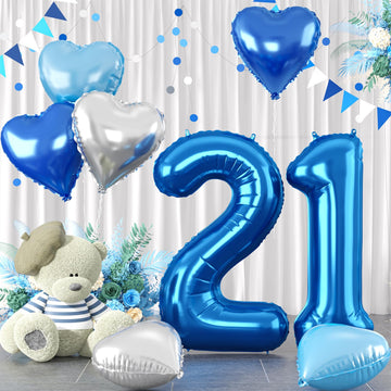 Biapian 40 Inch Blue Number 21 Balloons, 8Pcs Large Foil Number 2 & 1 Balloons With 18'' Blue Silver Heart Shape Balloon For 21S