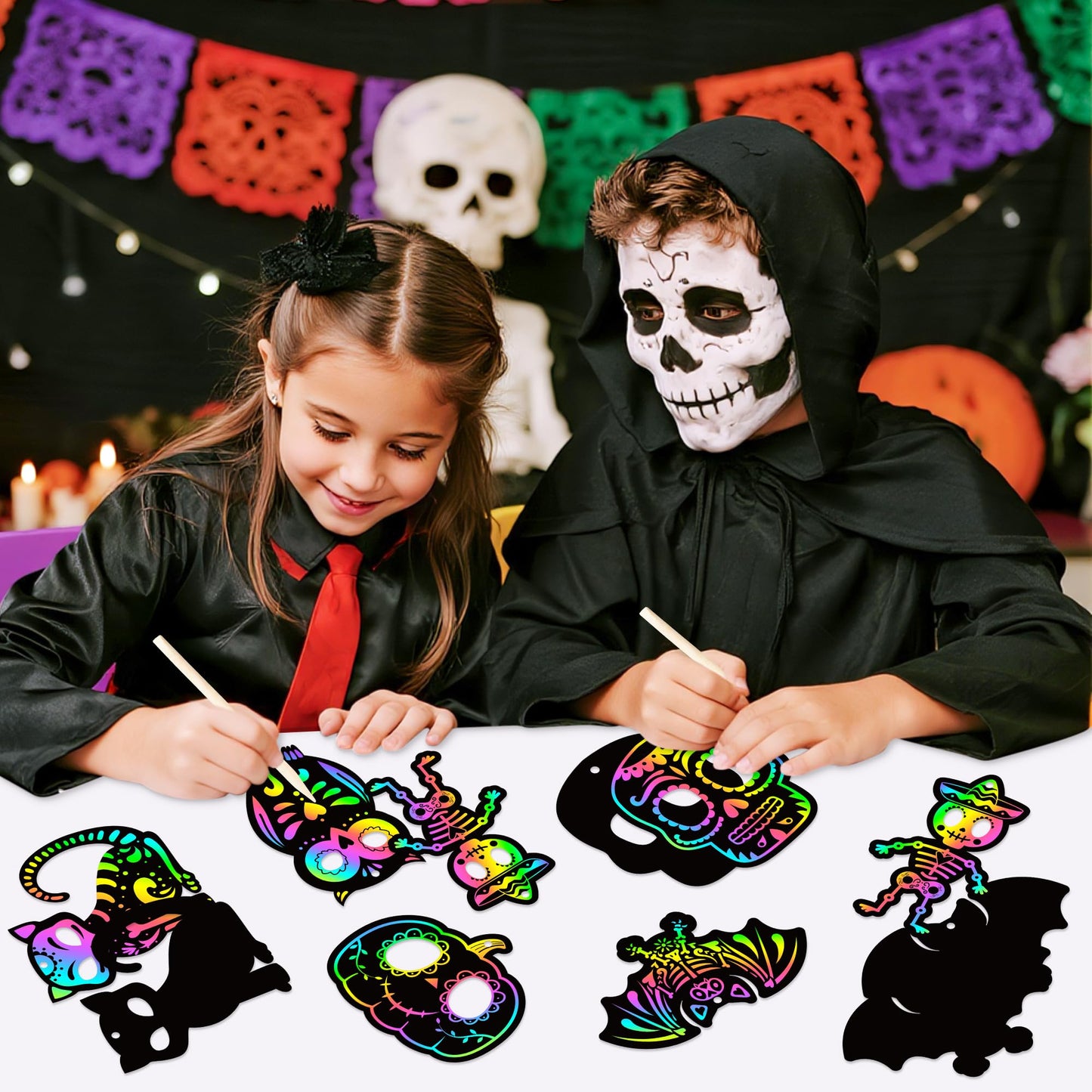 CY2SIDE 60PCS Day of The Dead Skeleton Scratch Card Gift Set for Kid, DIY Mexican Fiesta Scratch Paper Kit for Student School Ac