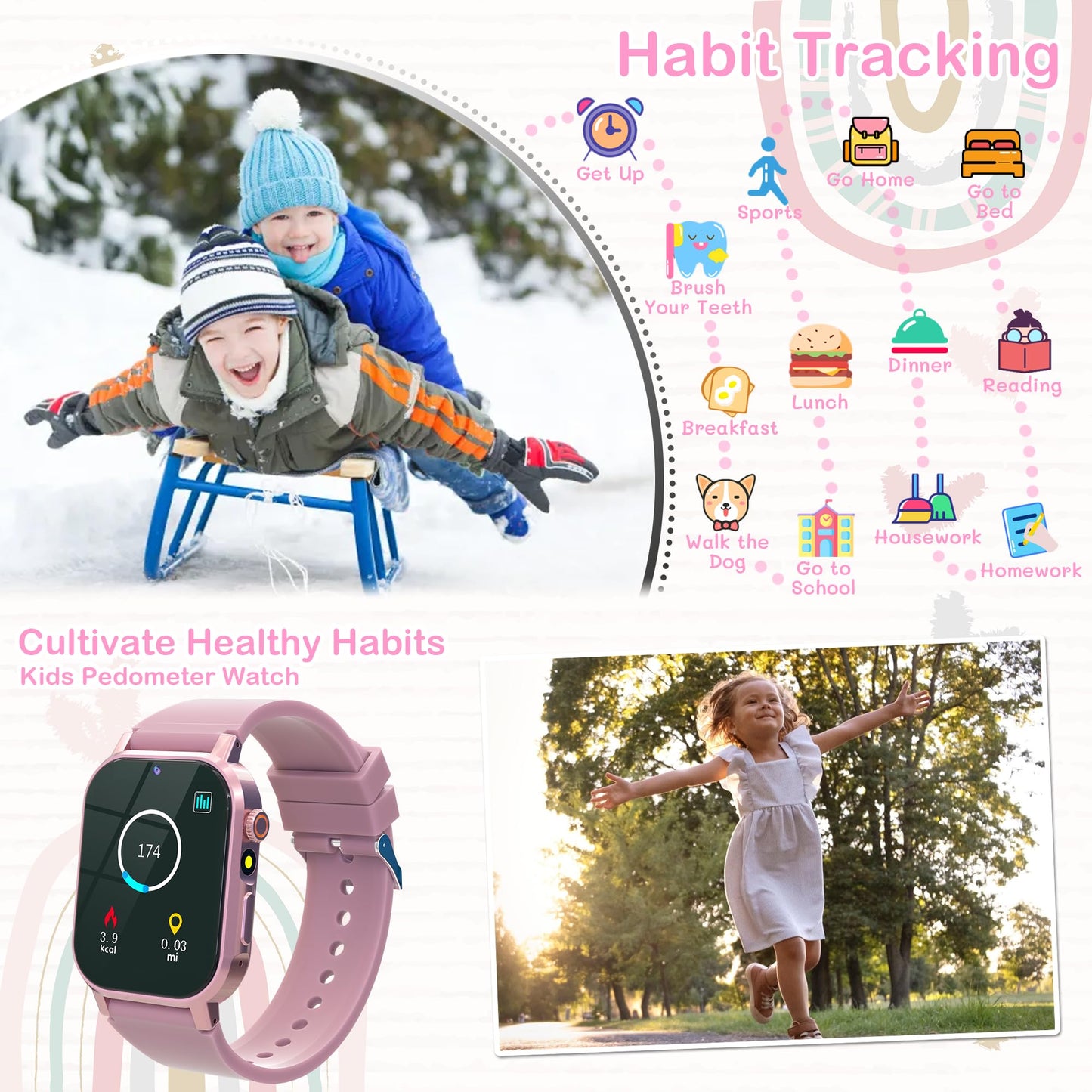 Kids Smart Watch With 32 Games Gift For Girls Age 3-12 Smart Watch For Kids With Touch Screen,Video,Camera,Music Player,Pedomete