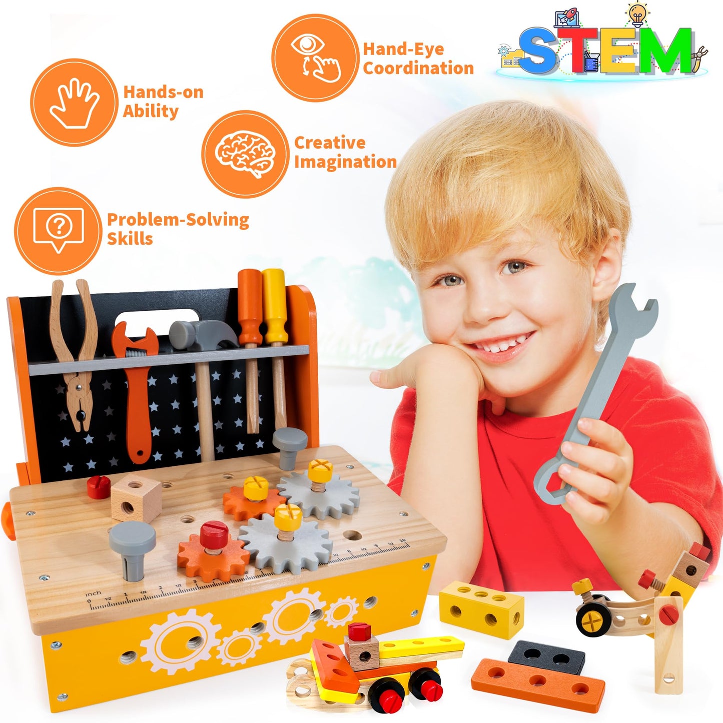 KIDWILL Wooden Tool Bench for Kids, 54-Piece Kids Tool Set with 2-in-1 Workbench & Take-Along Tool Kit, STEM Educational Toy Too