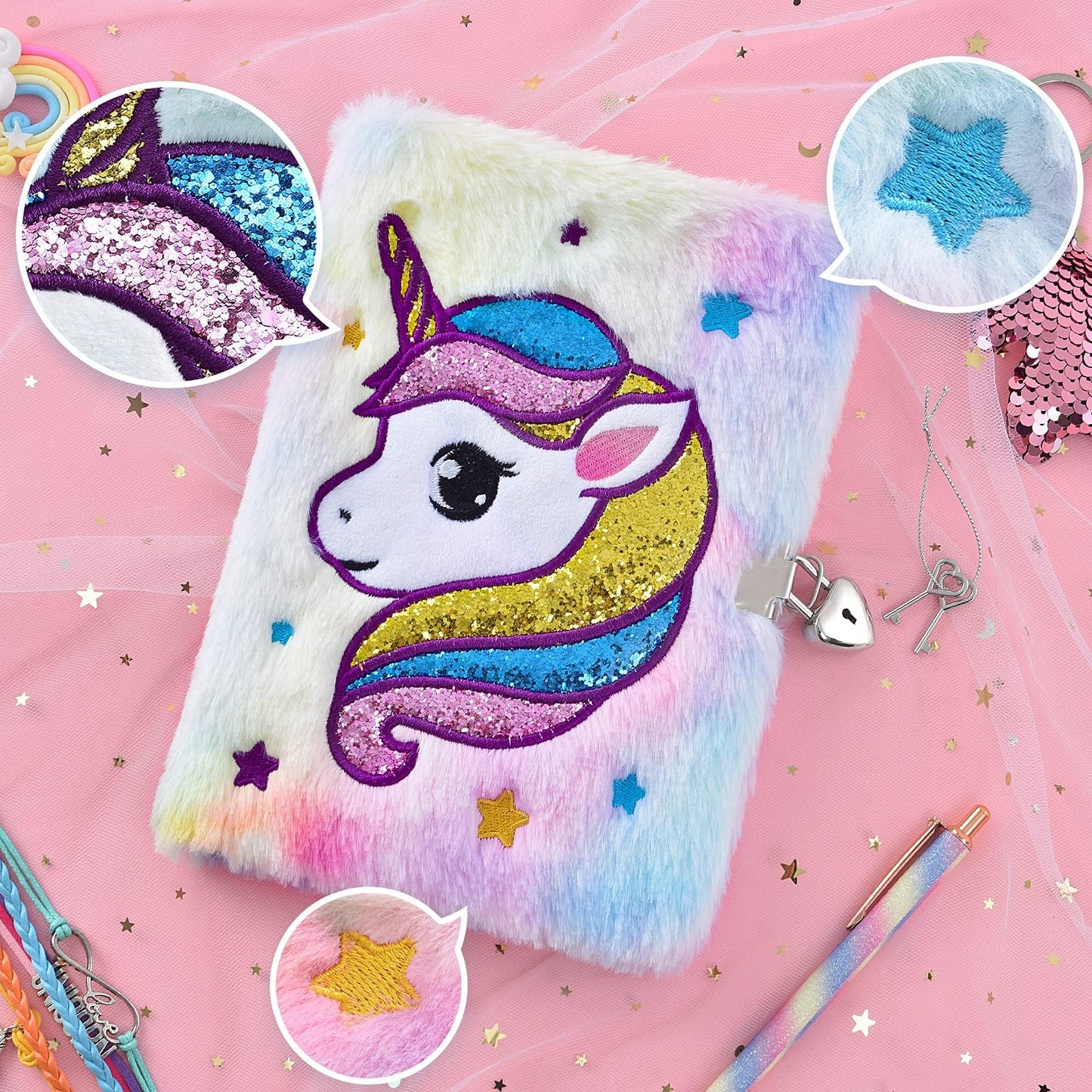 Wernnsai Unicorn Diary With Lock, Gift For 6 7 8-12 Years Old, Plush Secret Diary Journal Kit For Travel Notebook Notepad Birthday Christmas Gift