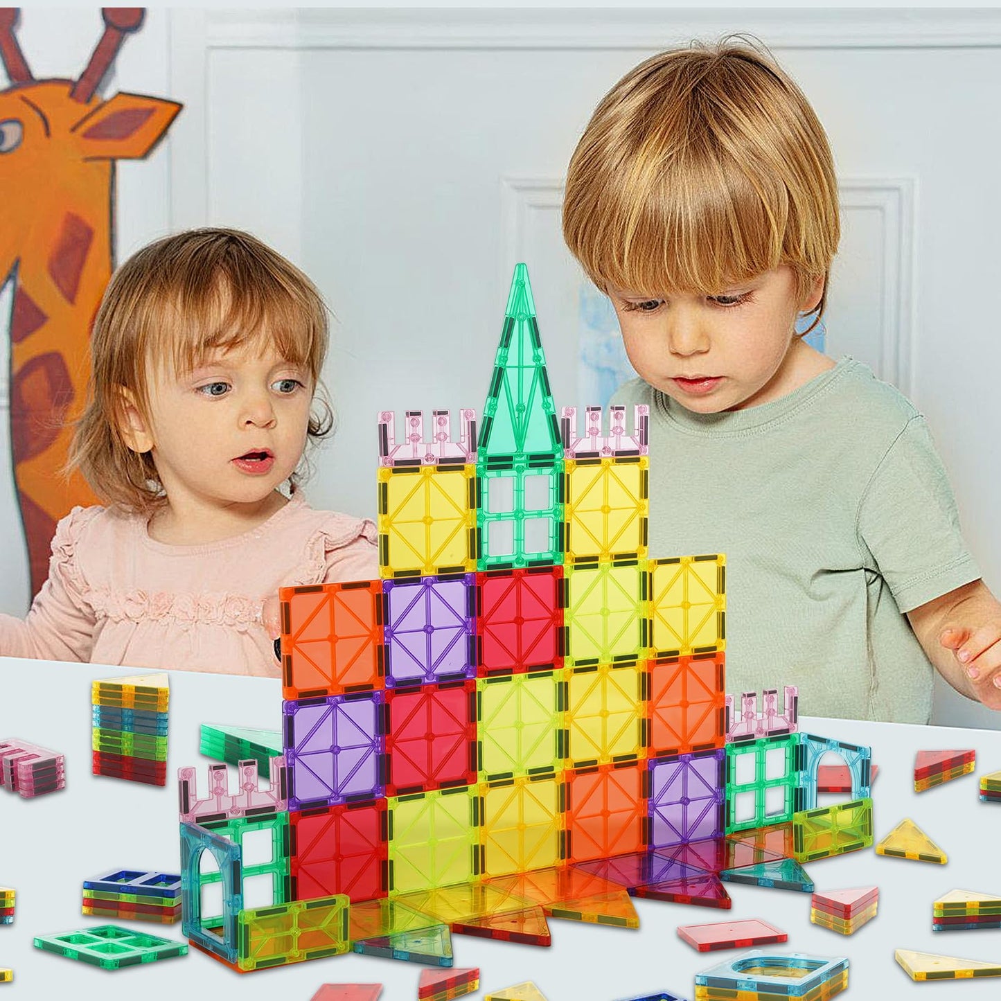 Flatgoat Magnetic Tiles 106 Piece Set, Magnet Building Blocks For Kids Toddlers, Stem Construction Toys With Gift Box For Ages 3