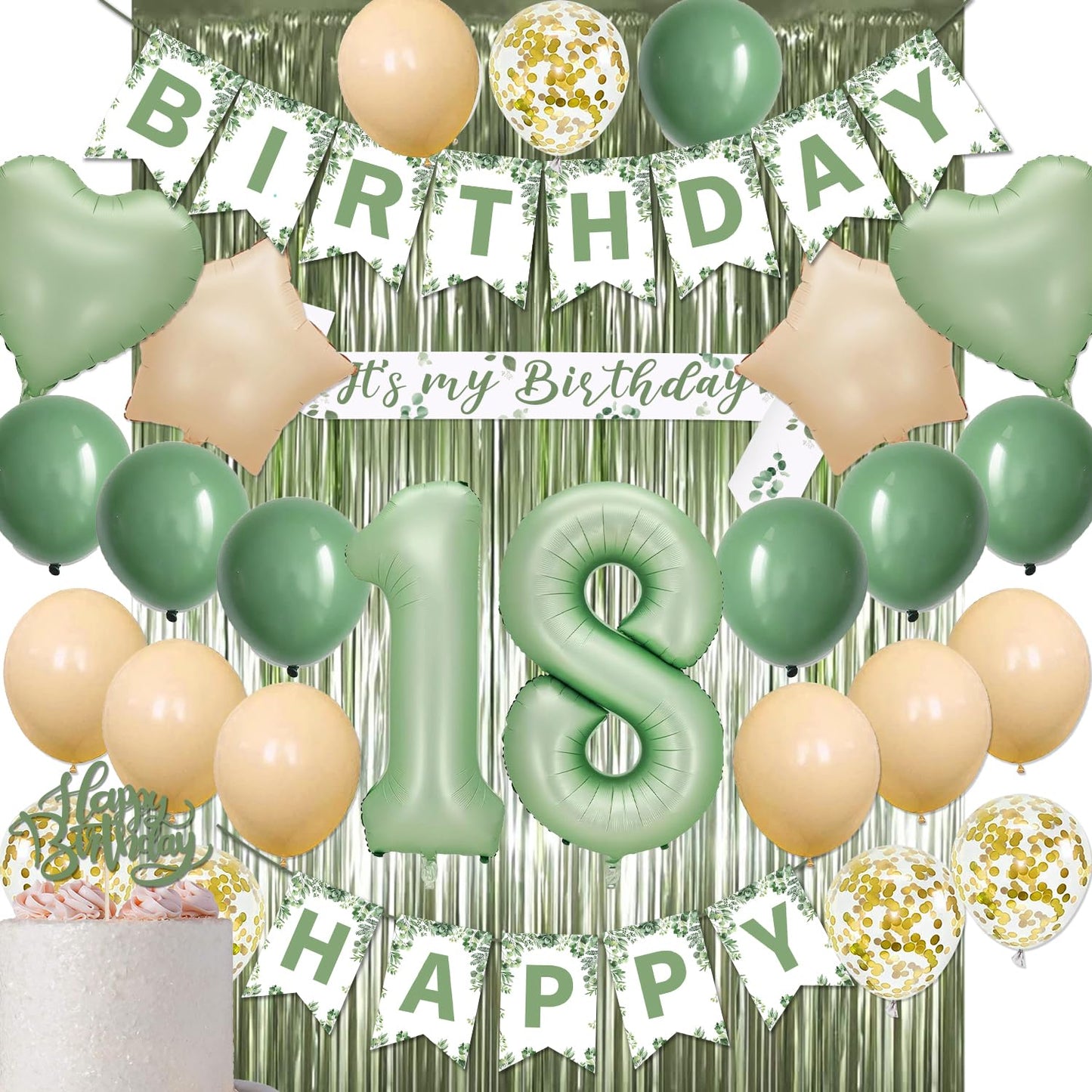 18Th Birthday Decorations For Girls, Sage Green 18Th Birthday Decorations Green Gold Balloons Happy Birthday Banner Sash For 18Th Birthday Party Decor
