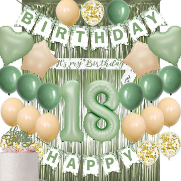 18Th Birthday Decorations For Girls, Sage Green 18Th Birthday Decorations Green Gold Balloons Happy Birthday Banner Sash For 18Th Birthday Party Decor