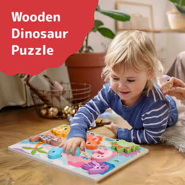 Prextex Dinosaur Wooden Chunky Puzzles For Toddlers - 7 Brightly Colored Dinosaur Shapes - Montessori Educational Toy To Improve
