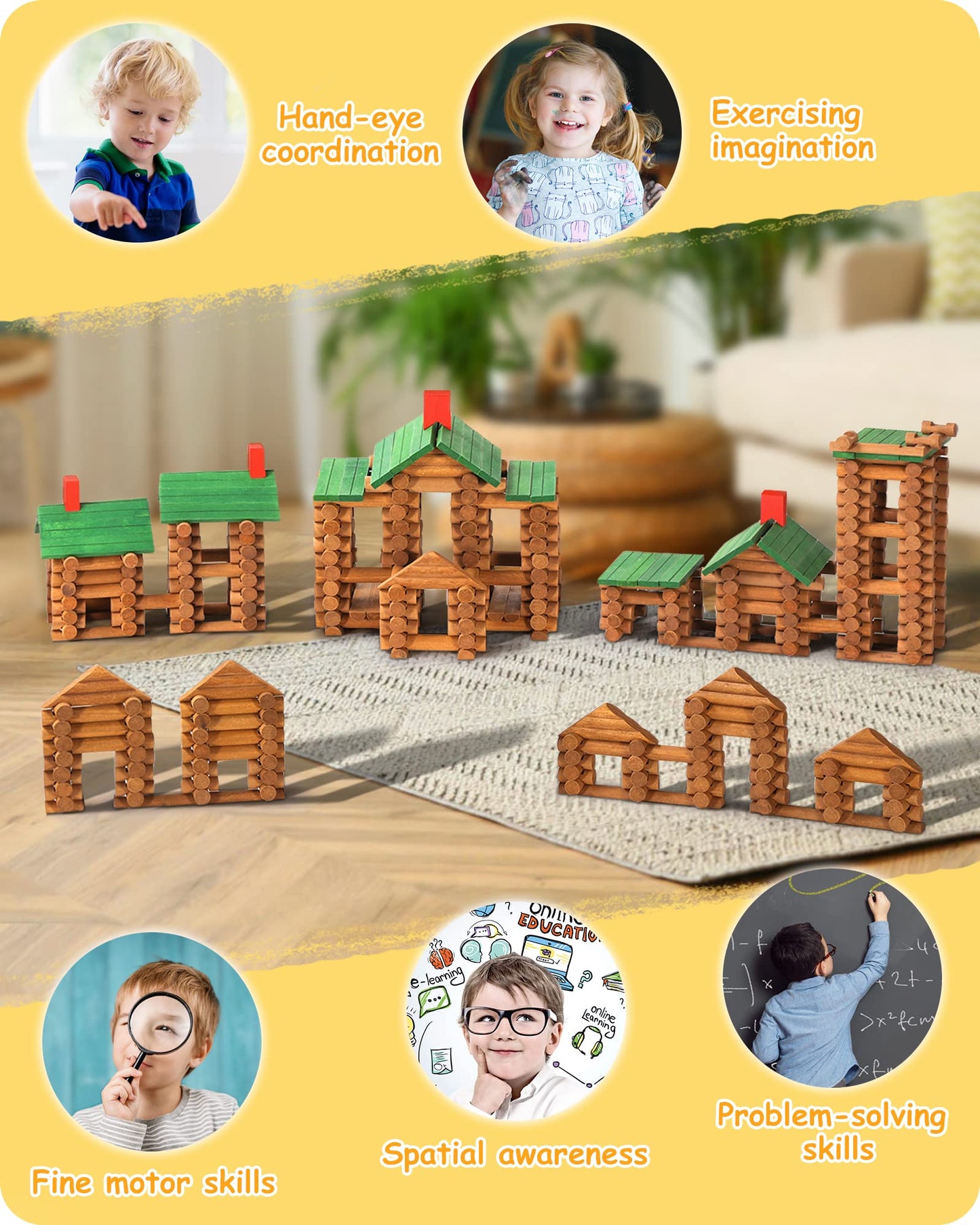 SainSmart Jr. Wooden Log Cabin Set - 665 PCS STEM Building Toy for Toddlers, Brown, Model 20-354, Compatible with Lincoln Logs