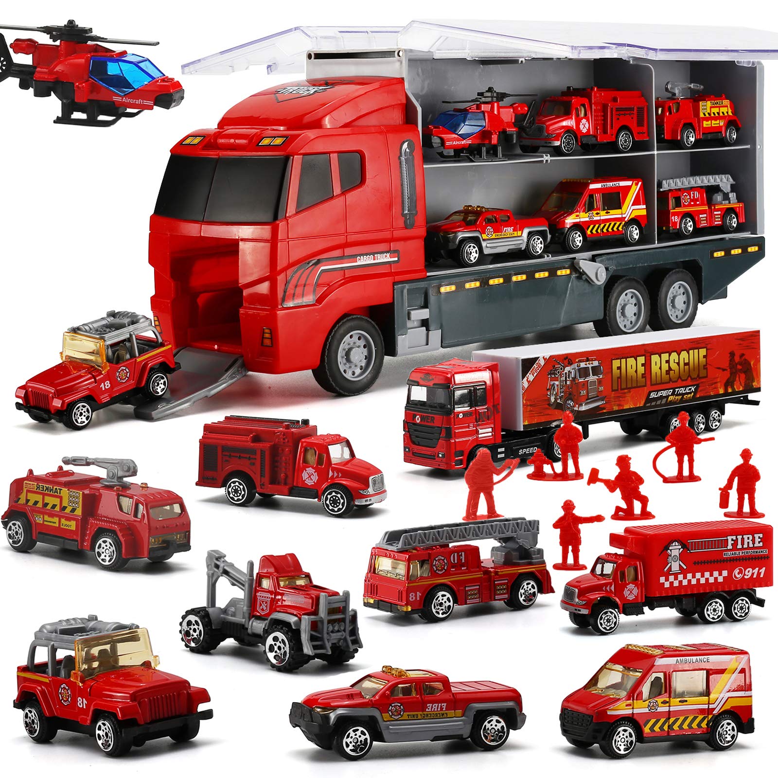 19 Pcs Fire Truck with Firefighter Toy Set, Mini Die-cast Fire Engine Car in Carrier Truck, Mini Rescue Emergency Double Side Tr
