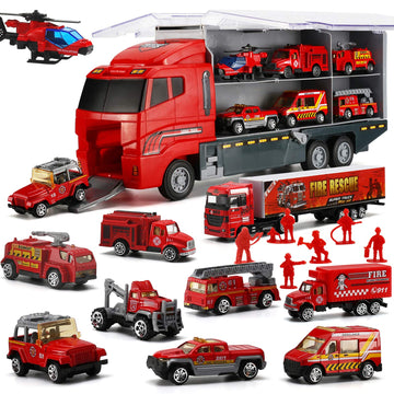 19 Pcs Fire Truck with Firefighter Toy Set, Mini Die-cast Fire Engine Car in Carrier Truck, Mini Rescue Emergency Double Side Tr